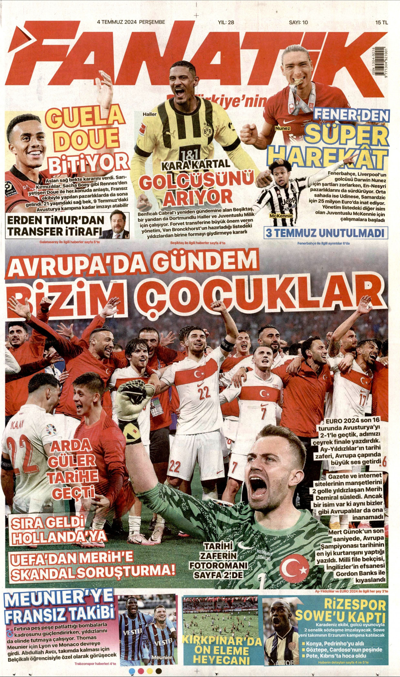 FANATİK gazetesinin 4 Temmuz 2024 tarihli birinci sayfası
