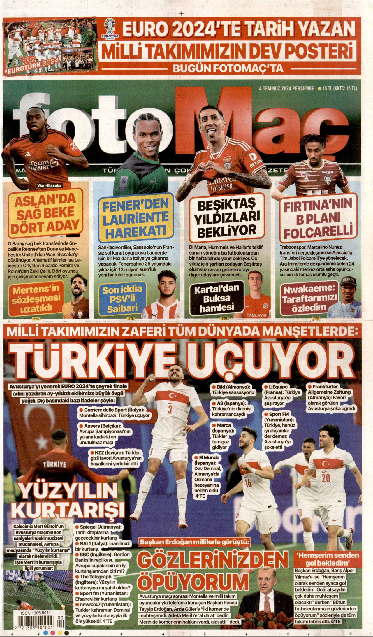FOTOMAÇ gazetesinin 4 Temmuz 2024 tarihli birinci sayfası