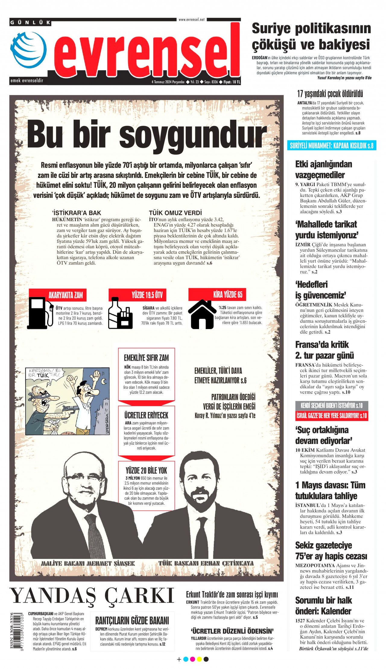 EVRENSEL gazetesinin 4 Temmuz 2024 tarihli birinci sayfası