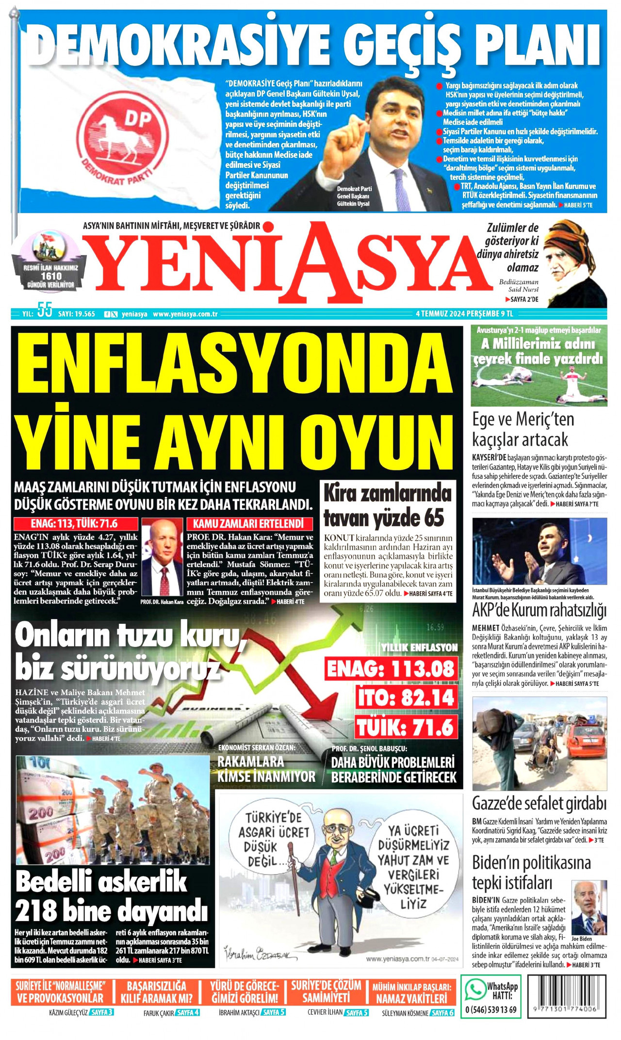 YENİ ASYA gazetesinin 4 Temmuz 2024 tarihli birinci sayfası