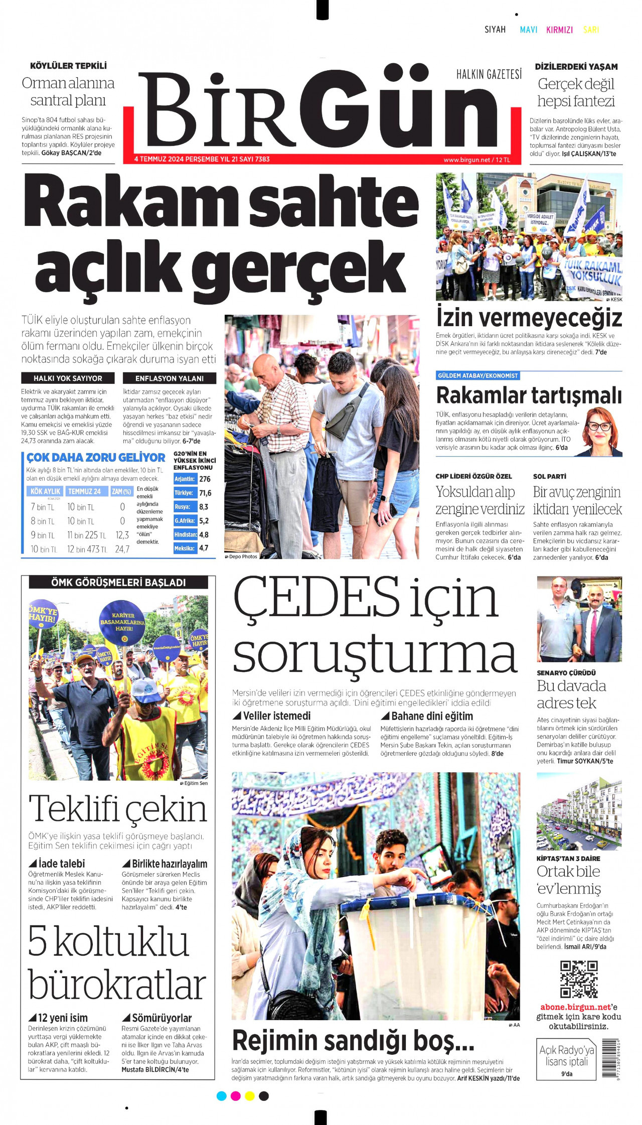 BİRGÜN gazetesinin 4 Temmuz 2024 tarihli birinci sayfası