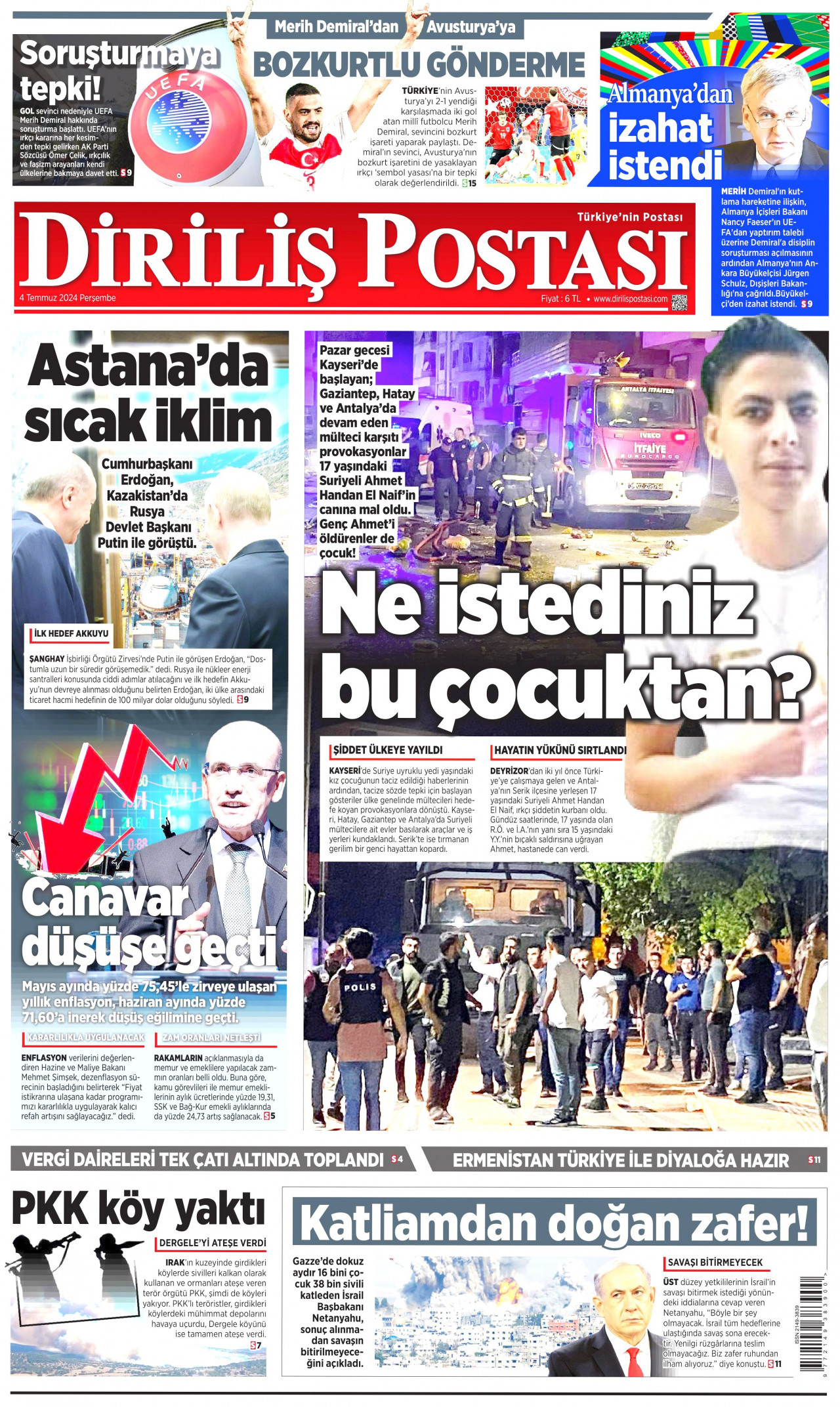 DİRİLİŞ POSTASI gazetesinin 4 Temmuz 2024 tarihli birinci sayfası