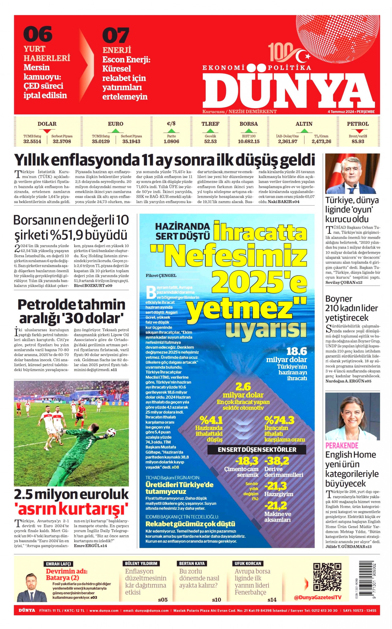 DÜNYA gazetesinin 4 Temmuz 2024 tarihli birinci sayfası