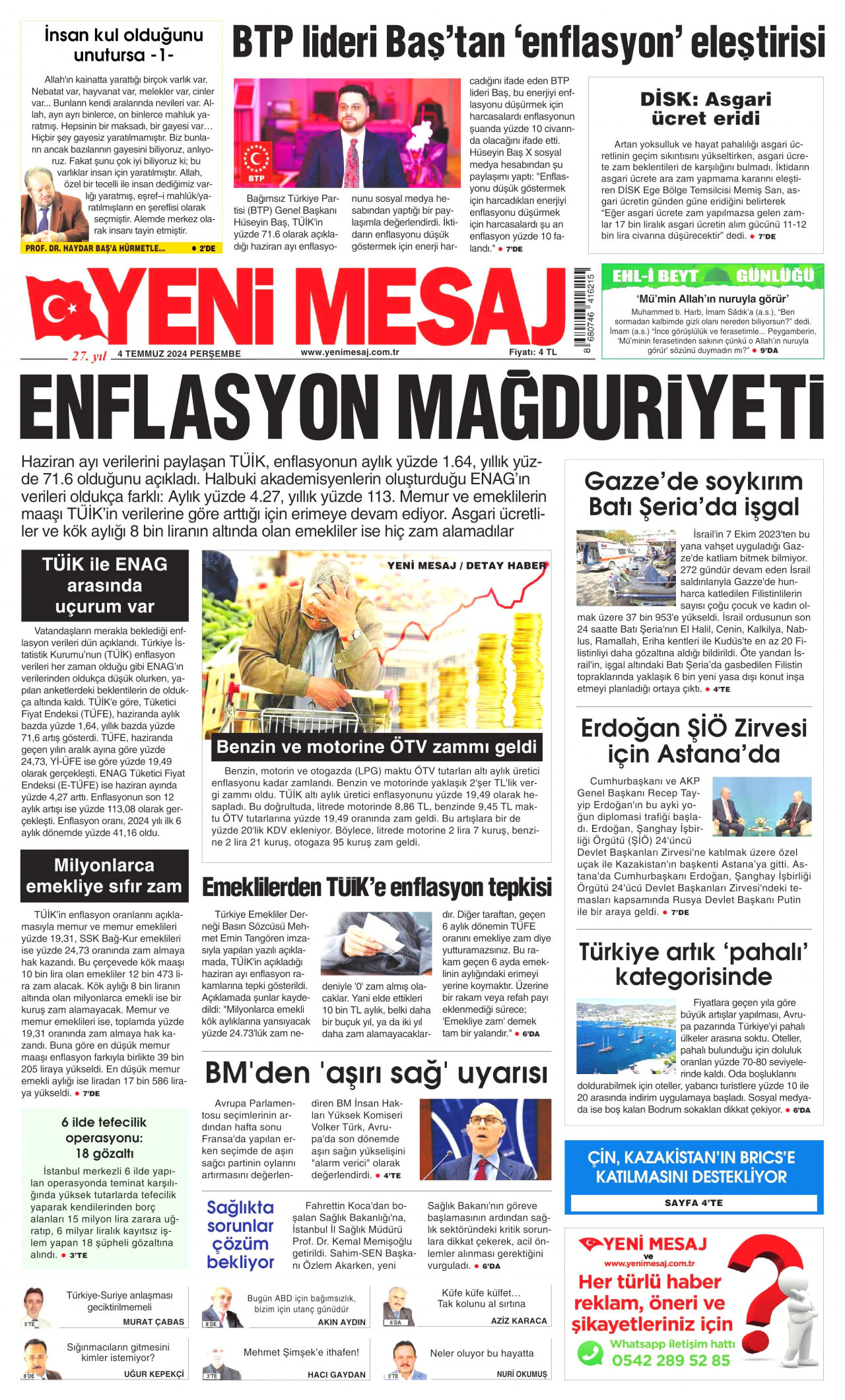 YENİ MESAJ gazetesinin 4 Temmuz 2024 tarihli birinci sayfası