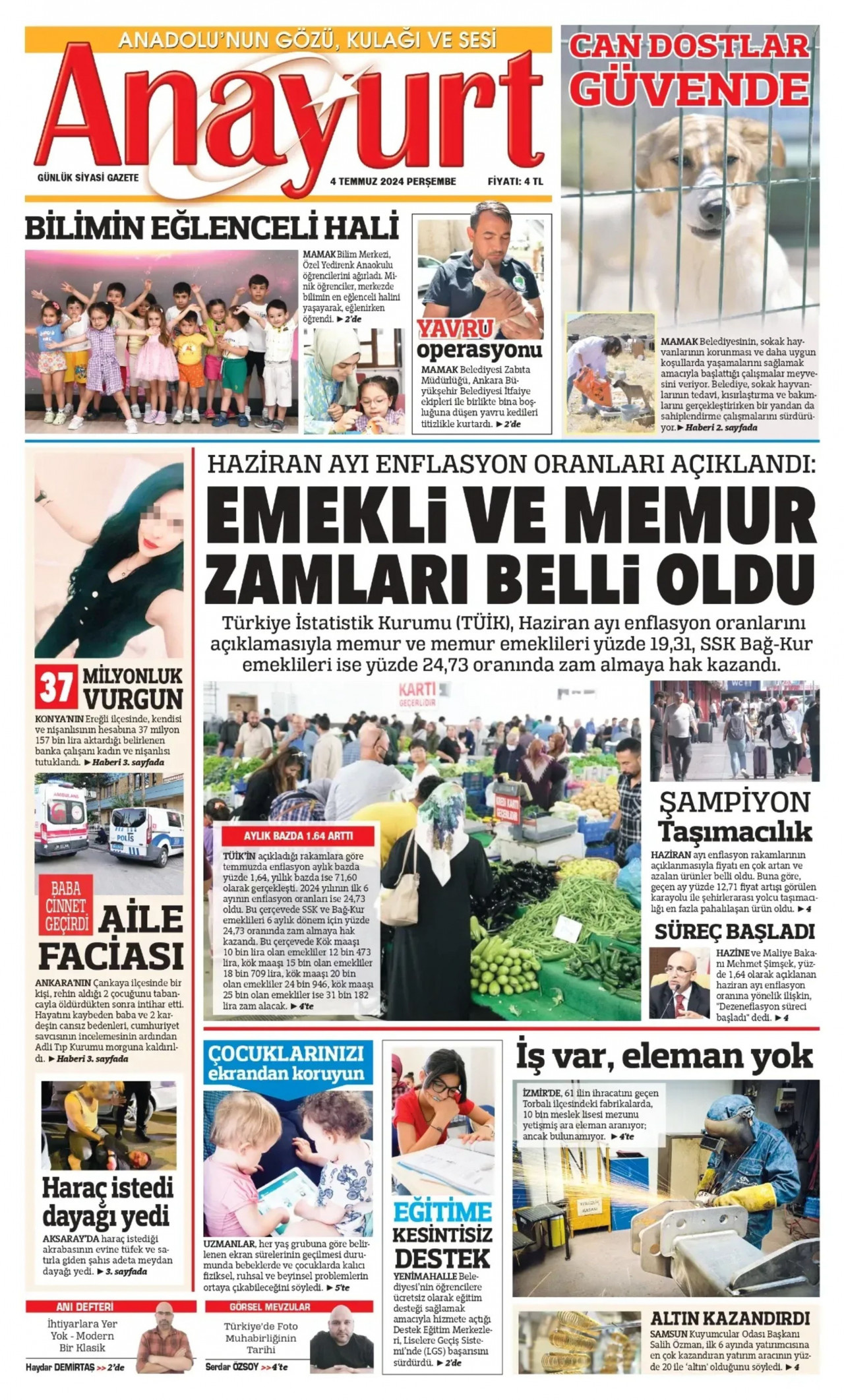 ANAYURT gazetesinin 4 Temmuz 2024 tarihli birinci sayfası