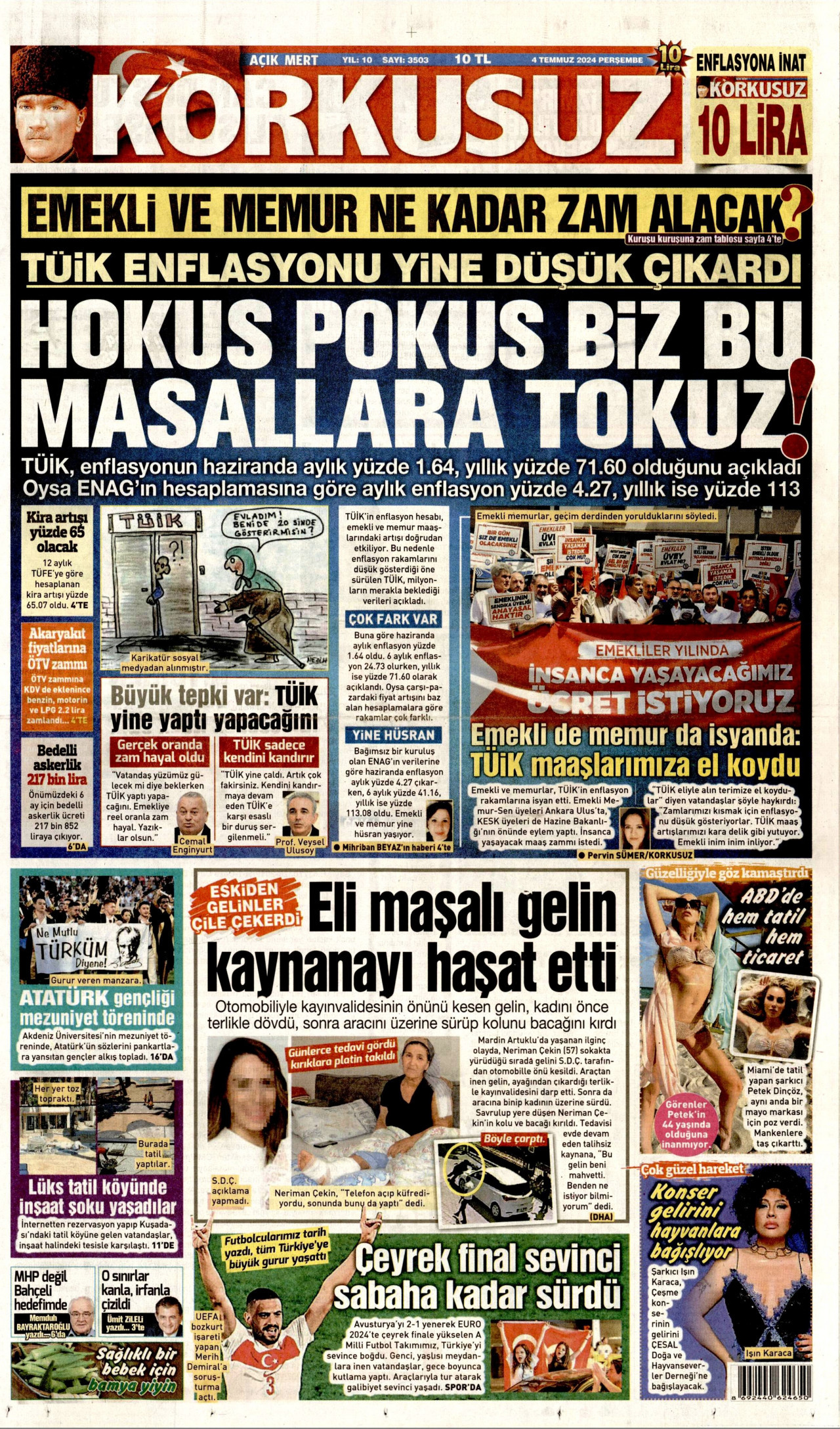 KORKUSUZ gazetesinin 4 Temmuz 2024 tarihli birinci sayfası