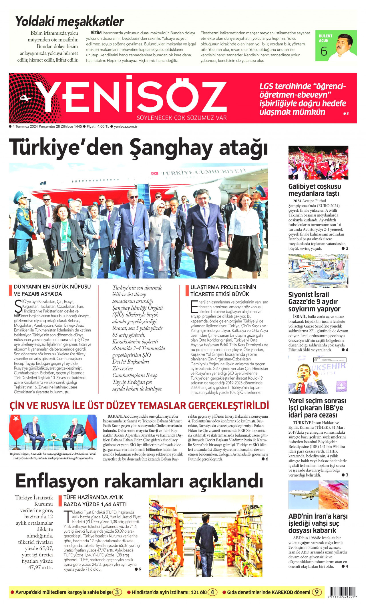 YENİ SÖZ GAZETESİ gazetesinin 4 Temmuz 2024 tarihli birinci sayfası