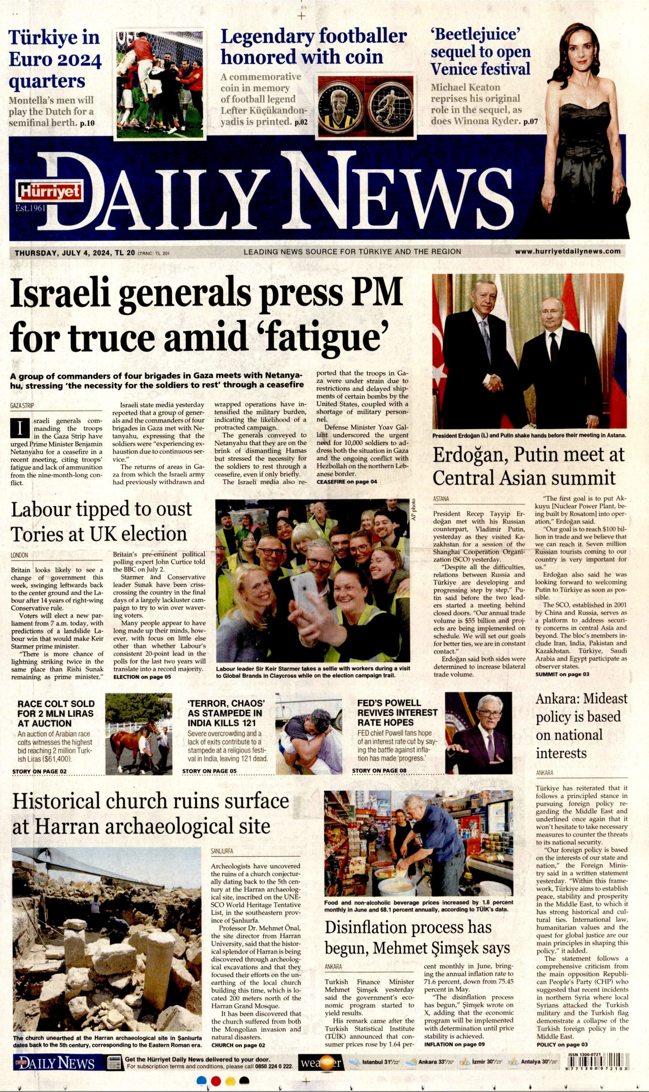 HÜRRİYET DAİLY NEWS gazetesinin 4 Temmuz 2024 tarihli birinci sayfası