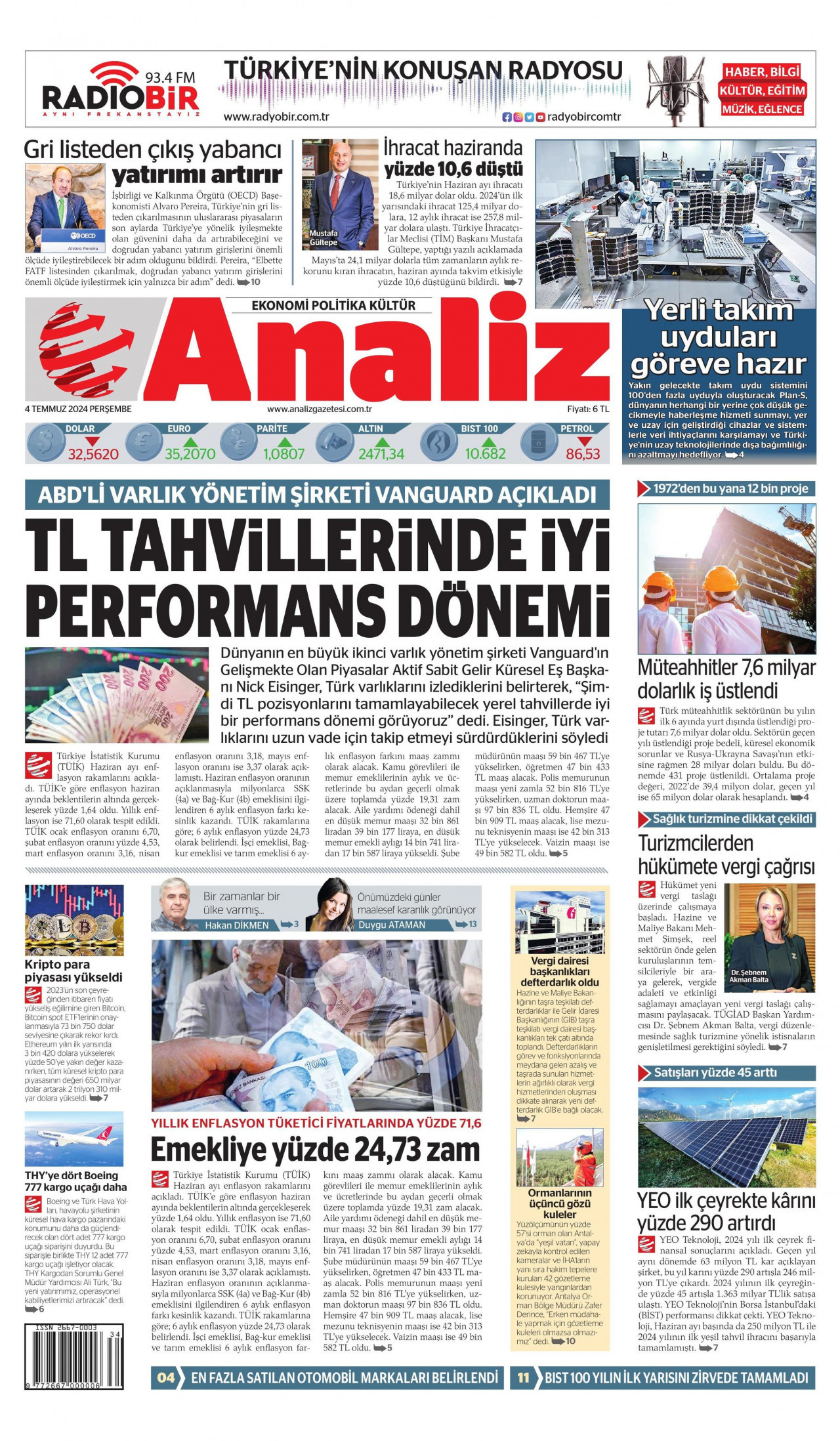 ANALİZ gazetesinin 4 Temmuz 2024 tarihli birinci sayfası