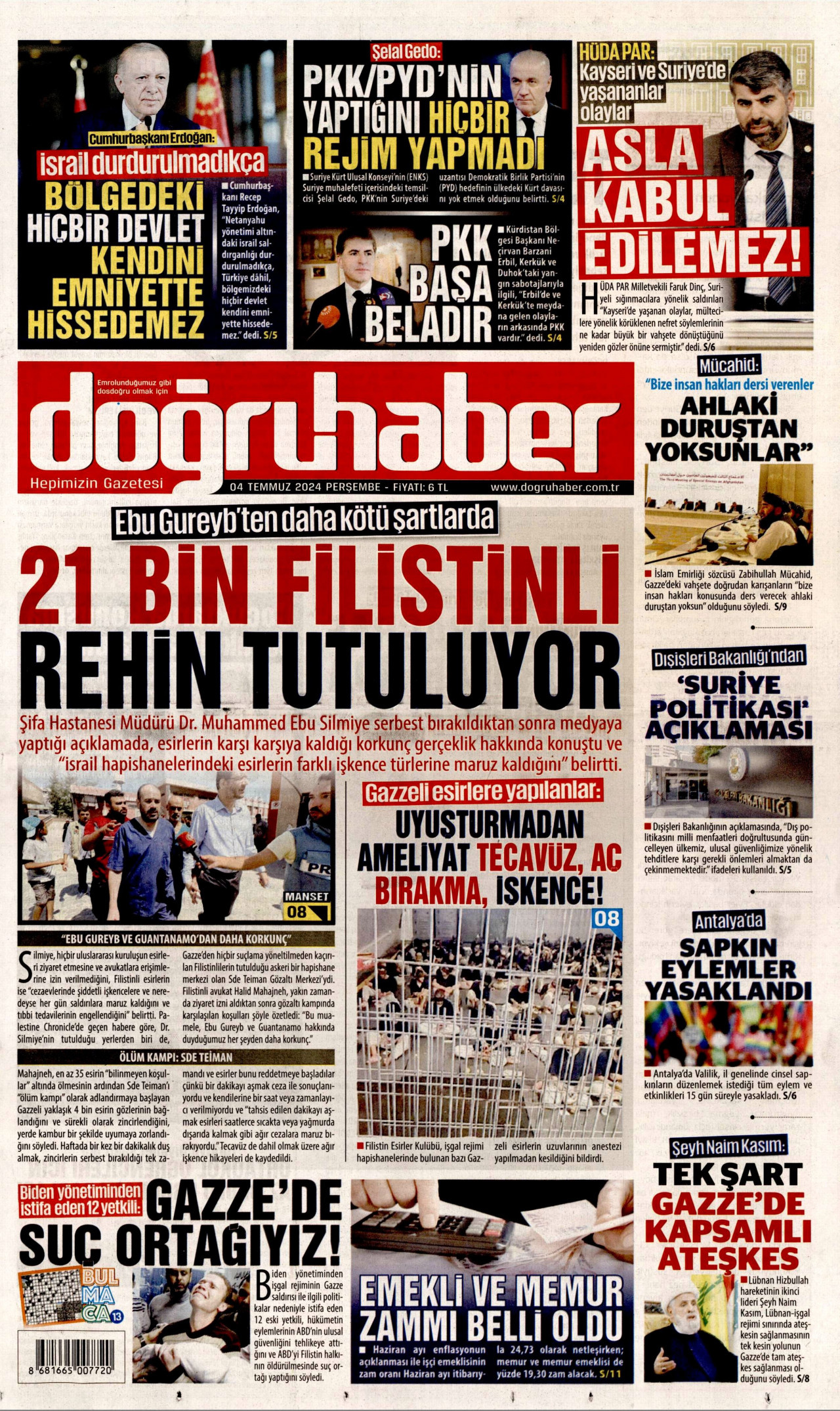 DOĞRU HABER gazetesinin 4 Temmuz 2024 tarihli birinci sayfası