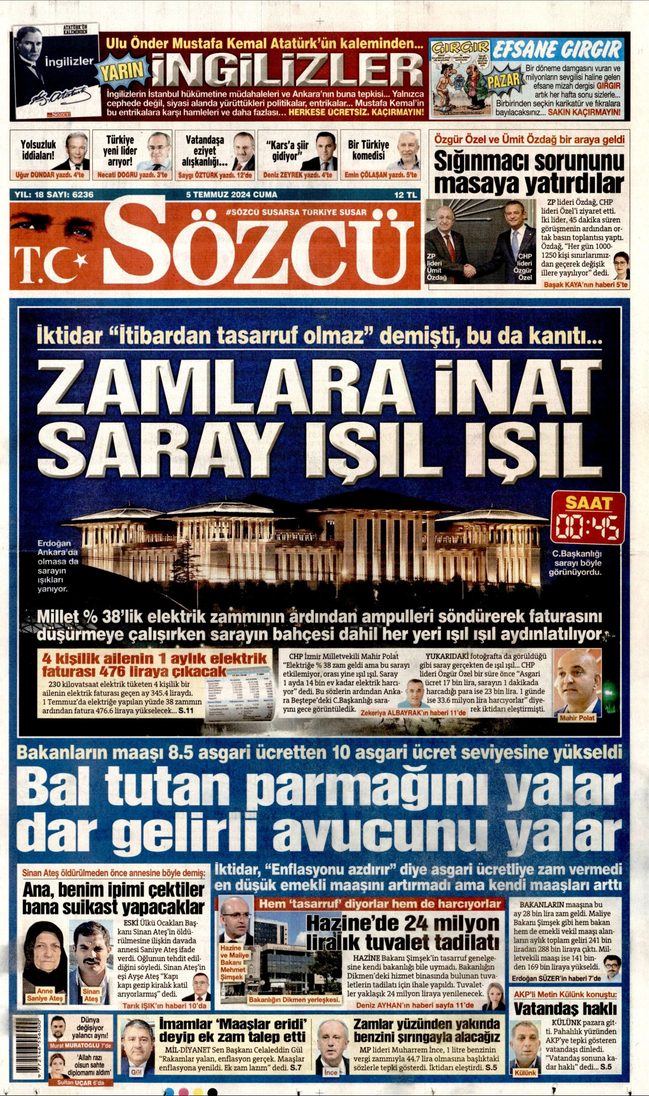 SÖZCÜ gazetesinin 5 Temmuz 2024 tarihli birinci sayfası