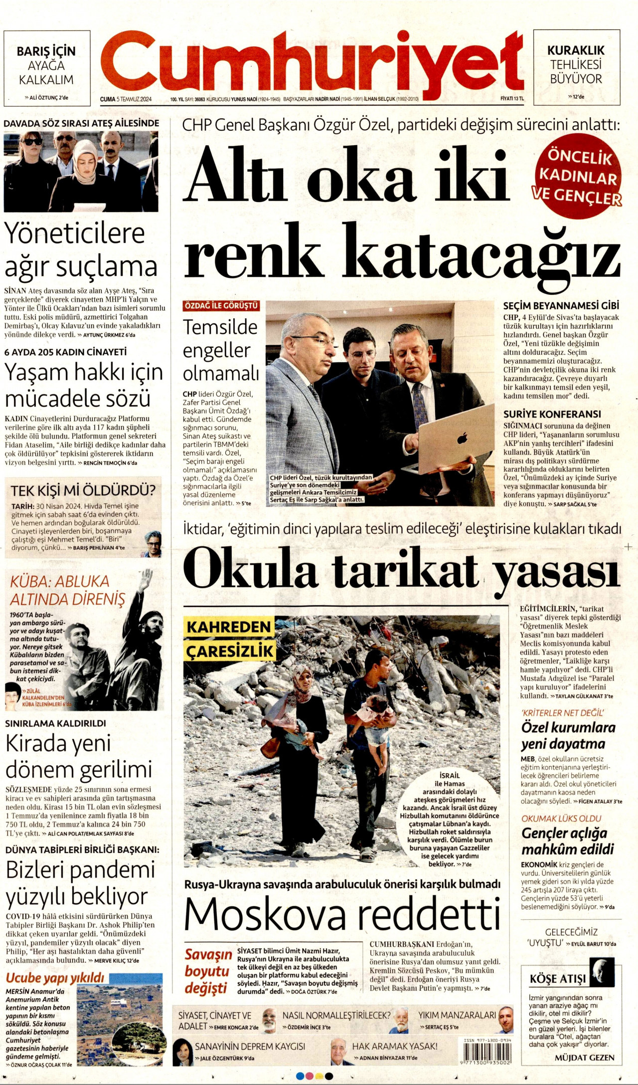 CUMHURİYET gazetesinin 5 Temmuz 2024 tarihli birinci sayfası