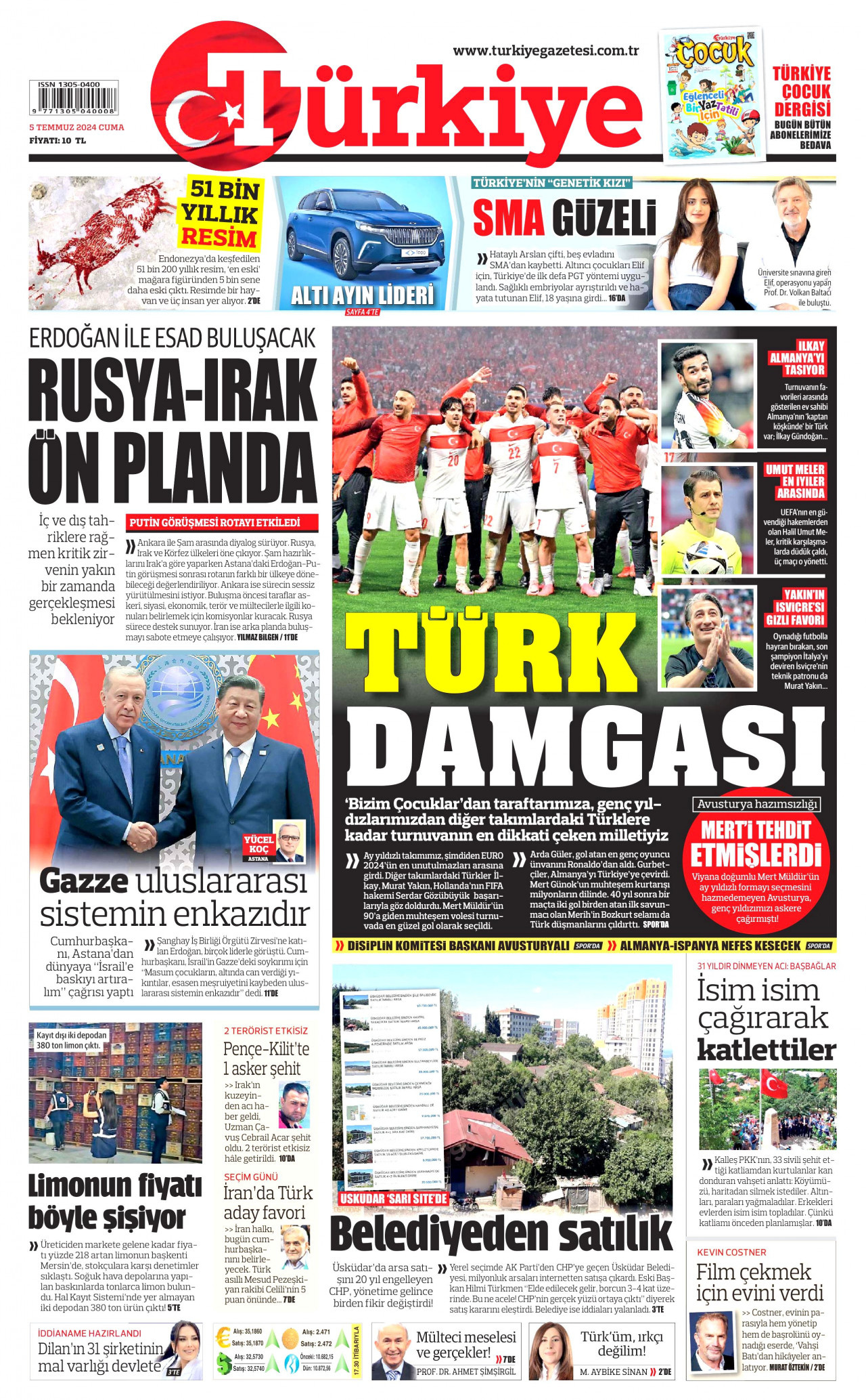 TÜRKİYE GAZETESİ gazetesinin 5 Temmuz 2024 tarihli birinci sayfası