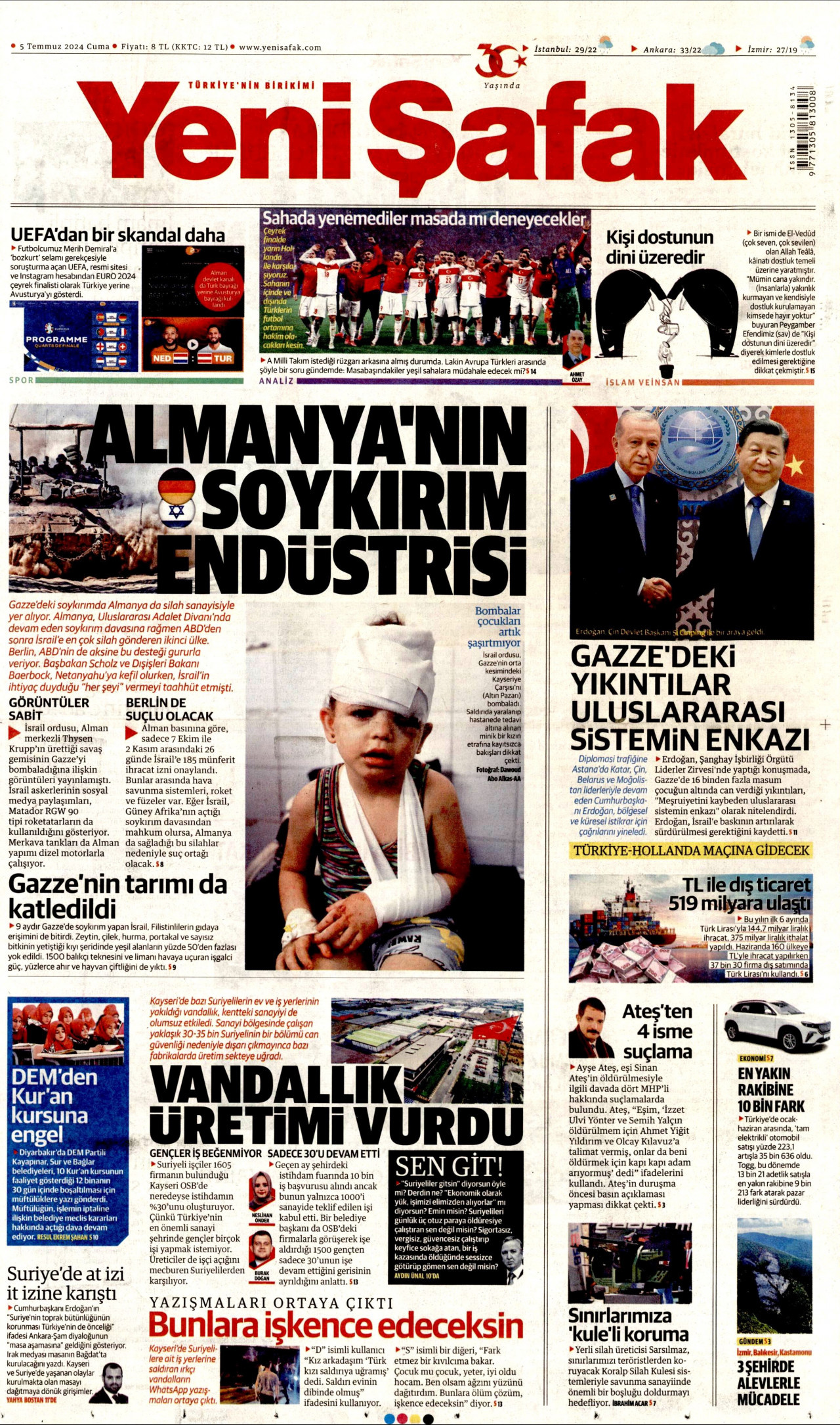 YENİ ŞAFAK gazetesinin 5 Temmuz 2024 tarihli birinci sayfası
