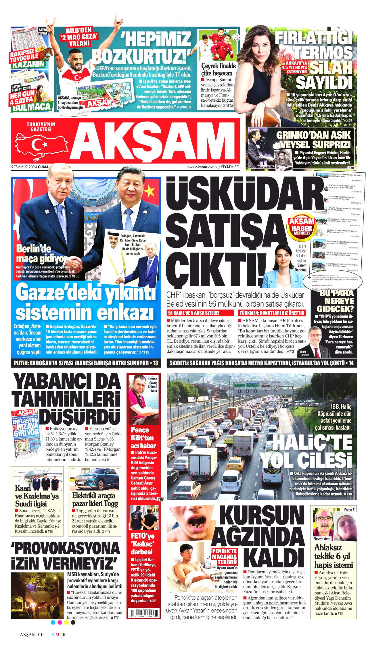 AKŞAM gazetesinin 5 Temmuz 2024 tarihli birinci sayfası