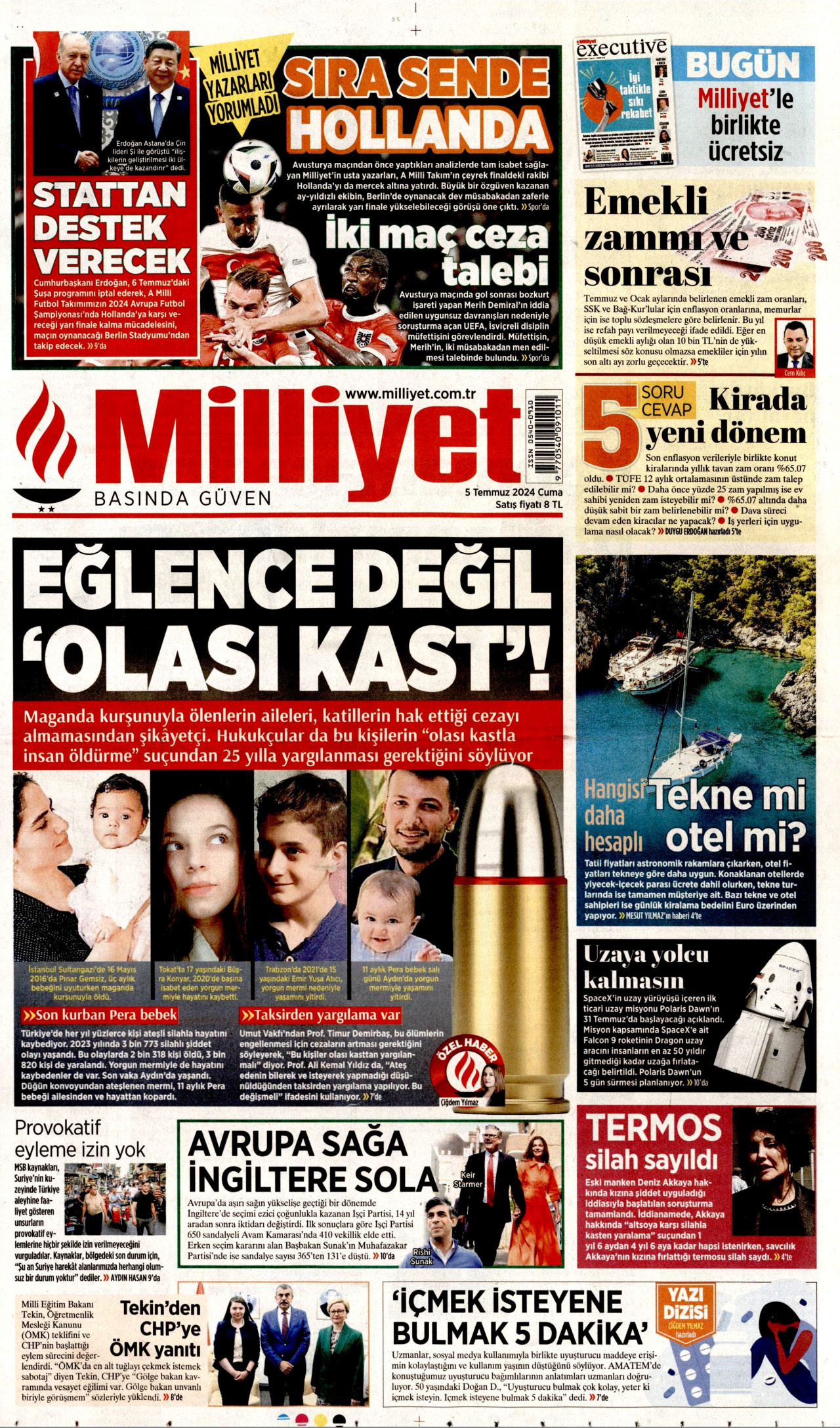 MİLLİYET gazetesinin 5 Temmuz 2024 tarihli birinci sayfası