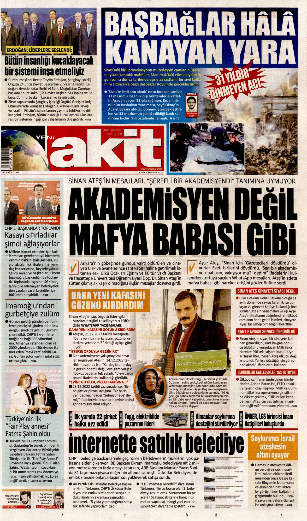 YENİ AKİT gazetesinin 5 Temmuz 2024 tarihli birinci sayfası