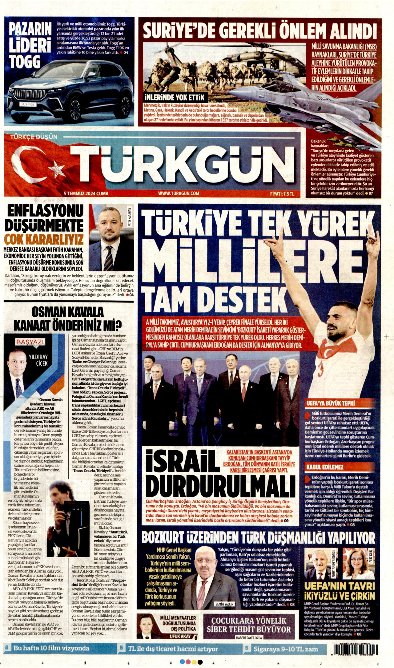TÜRKGÜN gazetesinin 5 Temmuz 2024 tarihli birinci sayfası