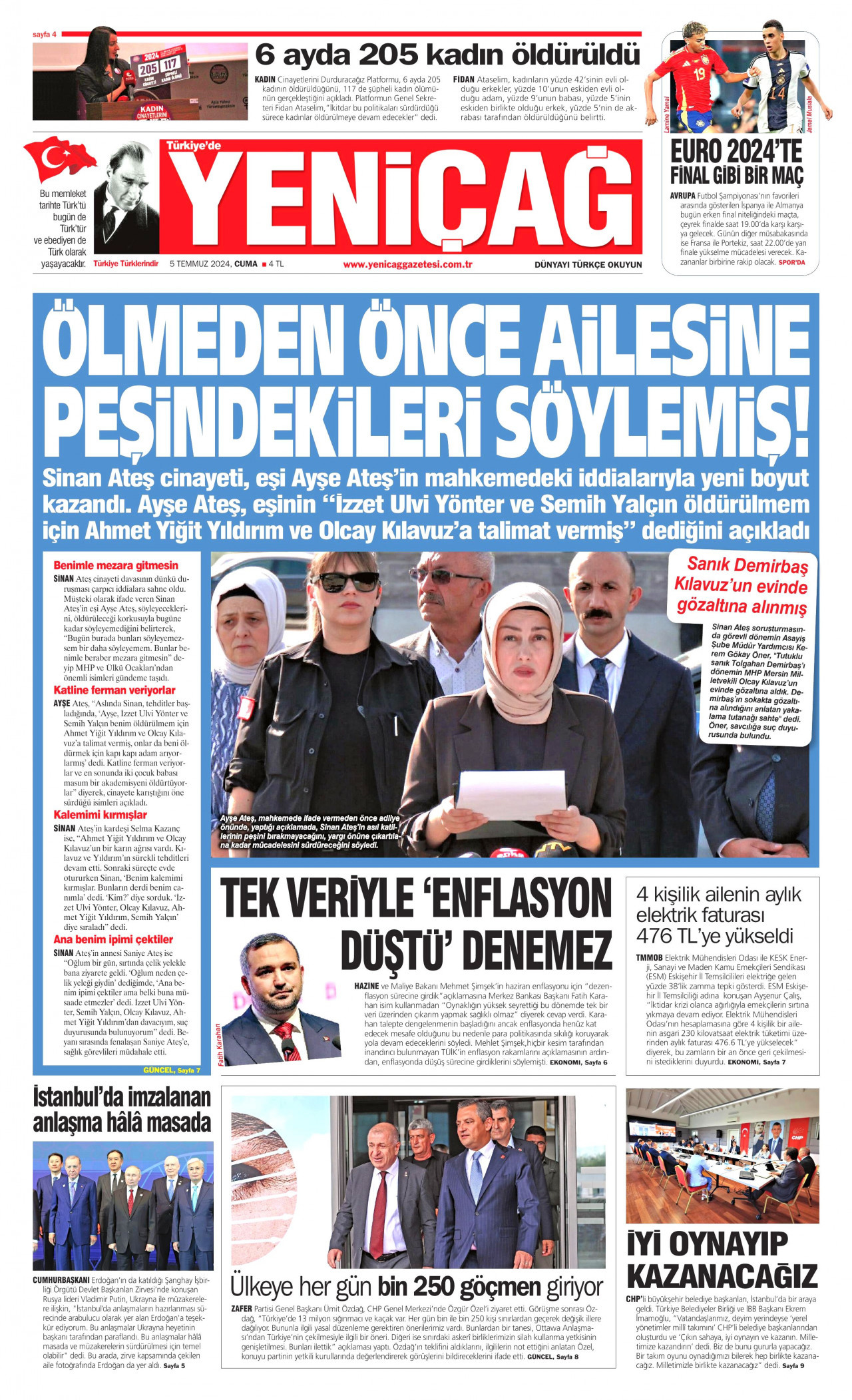 YENİÇAĞ gazetesinin 5 Temmuz 2024 tarihli birinci sayfası