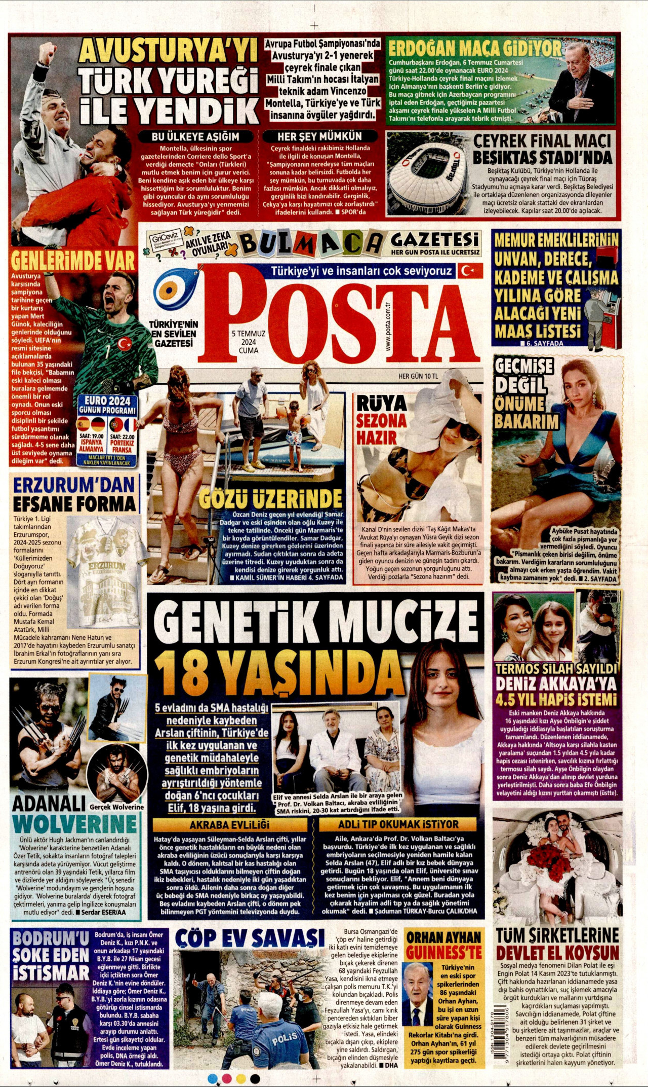 POSTA gazetesinin 5 Temmuz 2024 tarihli birinci sayfası