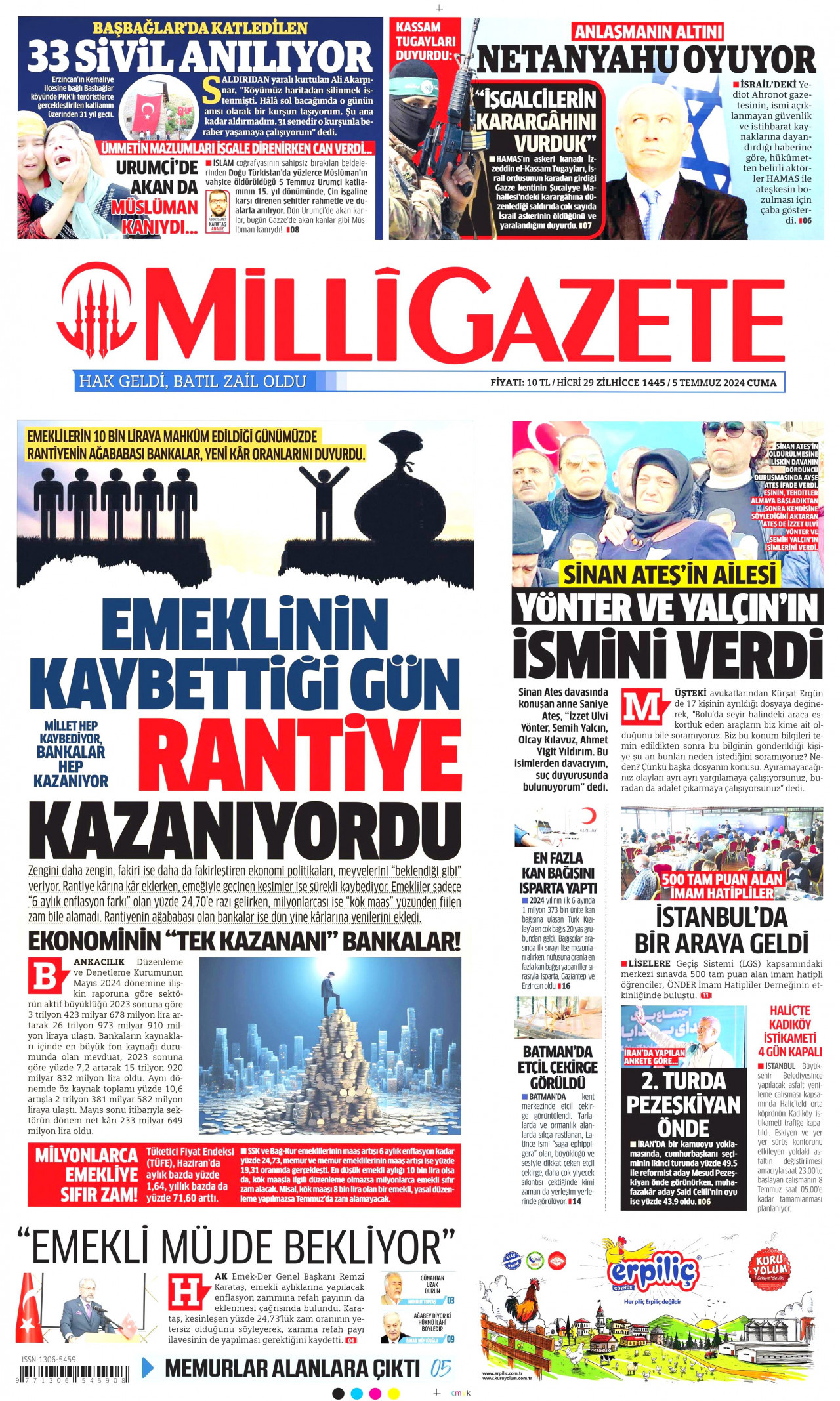 MİLLİ GAZETE gazetesinin 5 Temmuz 2024 tarihli birinci sayfası