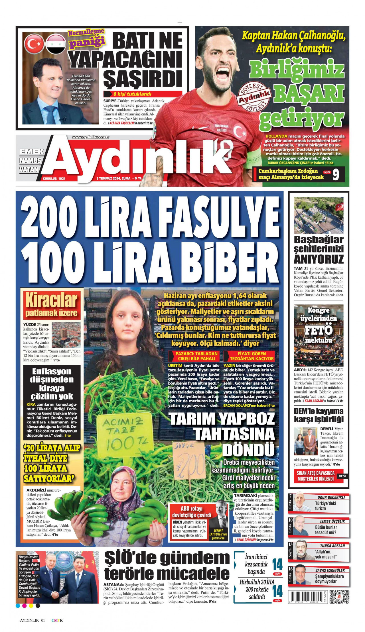 AYDINLIK GAZETESİ gazetesinin 5 Temmuz 2024 tarihli birinci sayfası