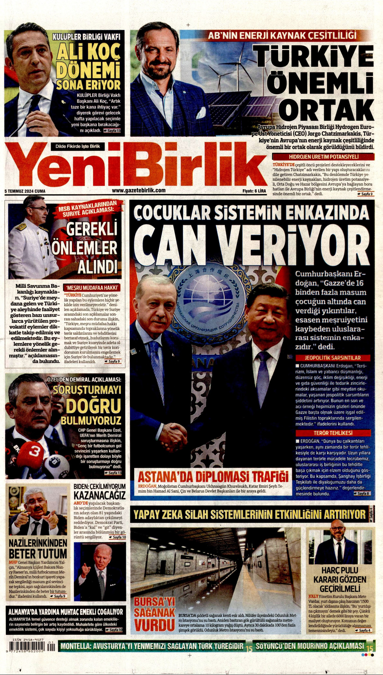 YENİBİRLİK gazetesinin 5 Temmuz 2024 tarihli birinci sayfası