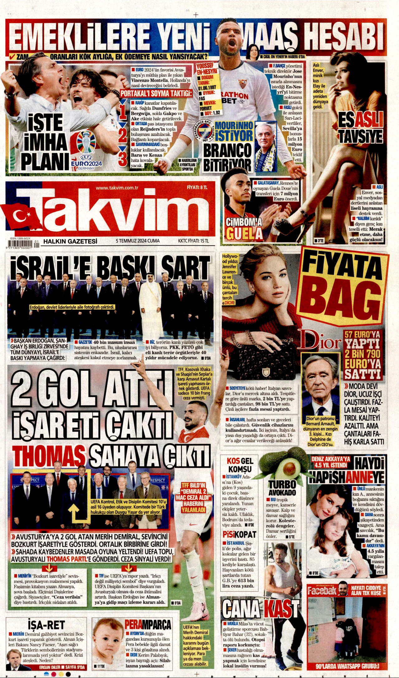 TAKVİM gazetesinin 5 Temmuz 2024 tarihli birinci sayfası