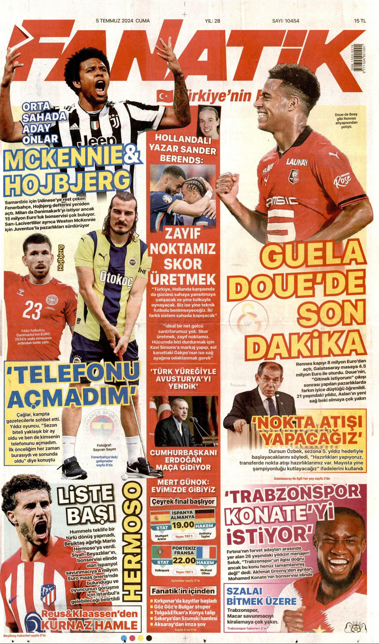 FANATİK gazetesinin 5 Temmuz 2024 tarihli birinci sayfası