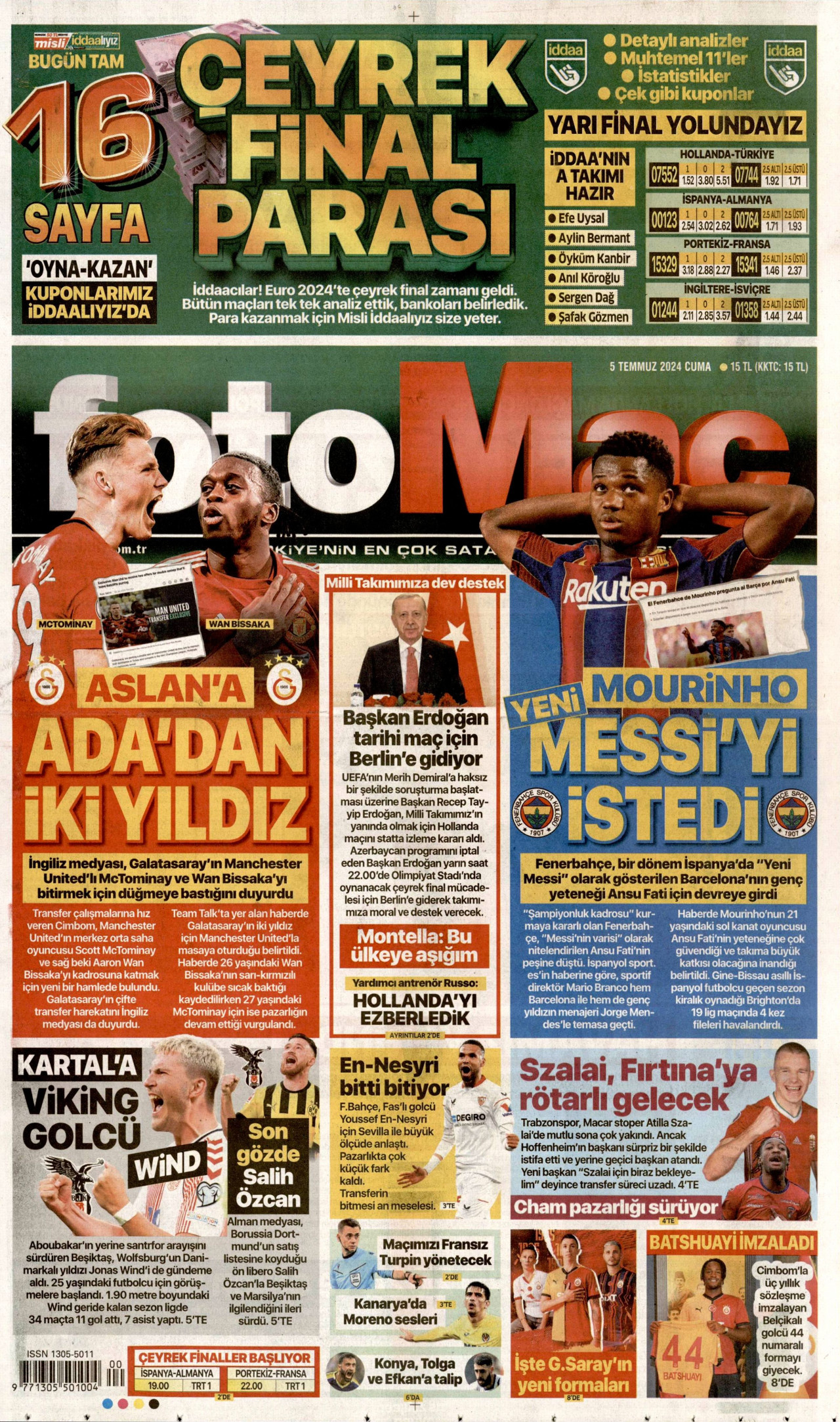 FOTOMAÇ gazetesinin 5 Temmuz 2024 tarihli birinci sayfası
