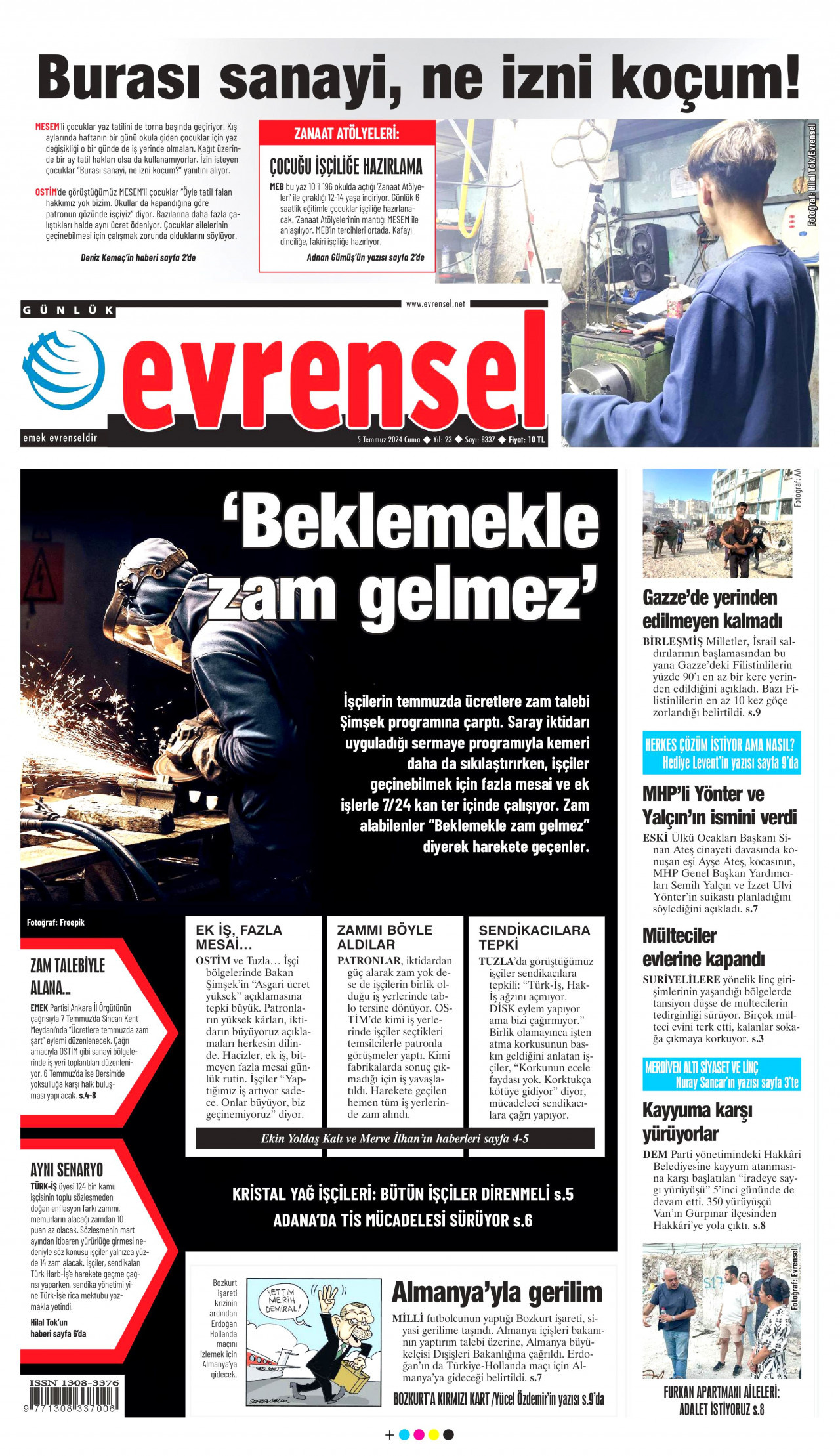 EVRENSEL gazetesinin 5 Temmuz 2024 tarihli birinci sayfası