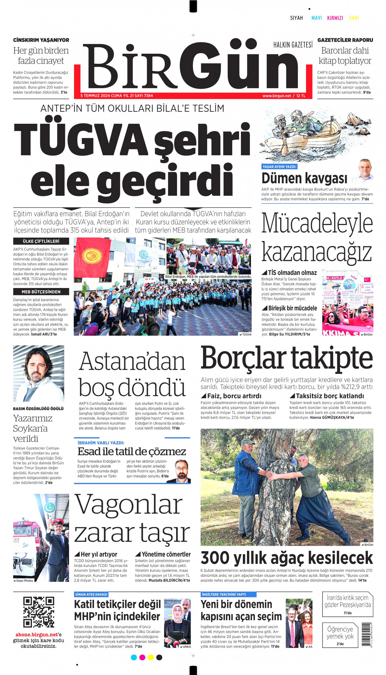 BİRGÜN gazetesinin 5 Temmuz 2024 tarihli birinci sayfası