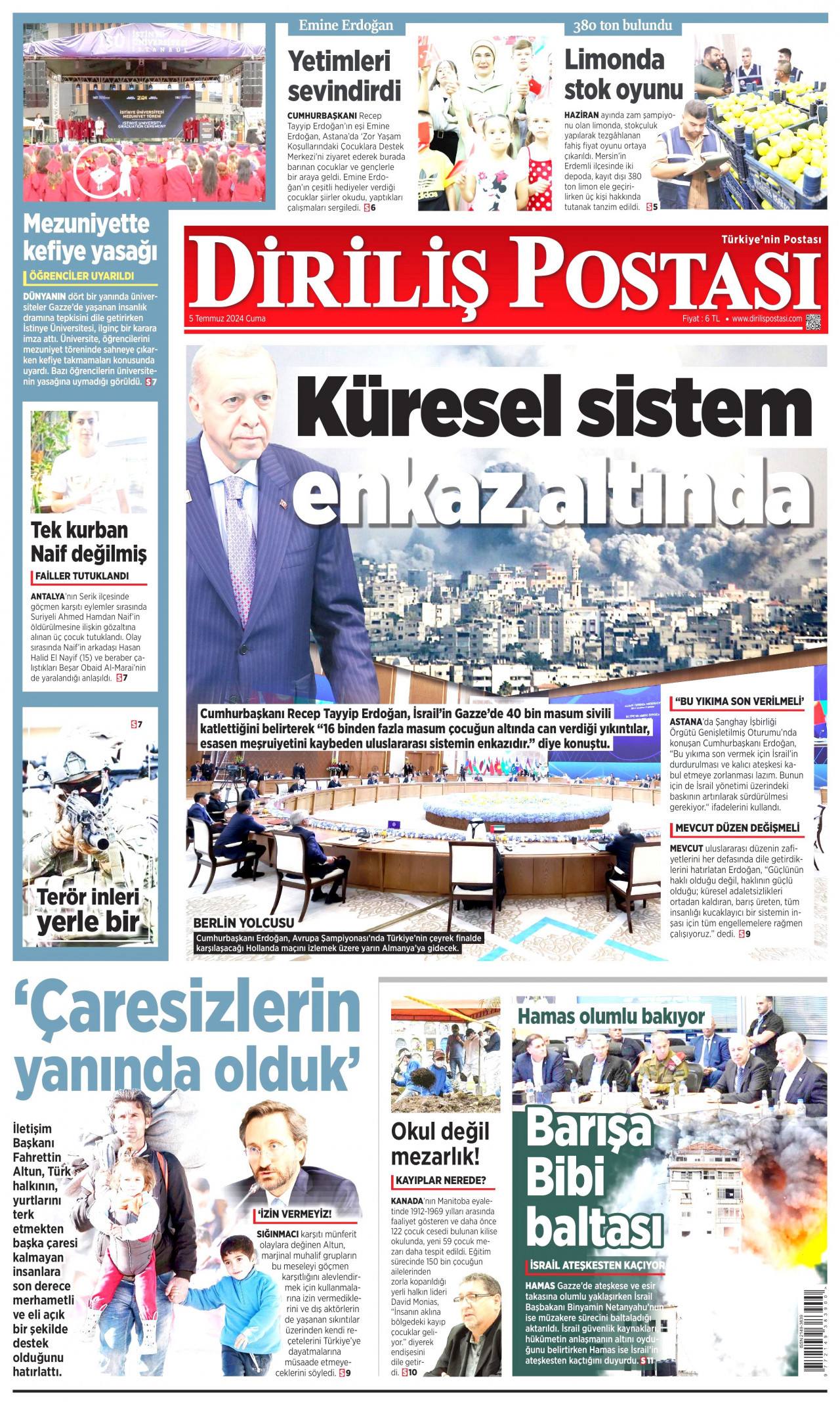 DİRİLİŞ POSTASI gazetesinin 5 Temmuz 2024 tarihli birinci sayfası