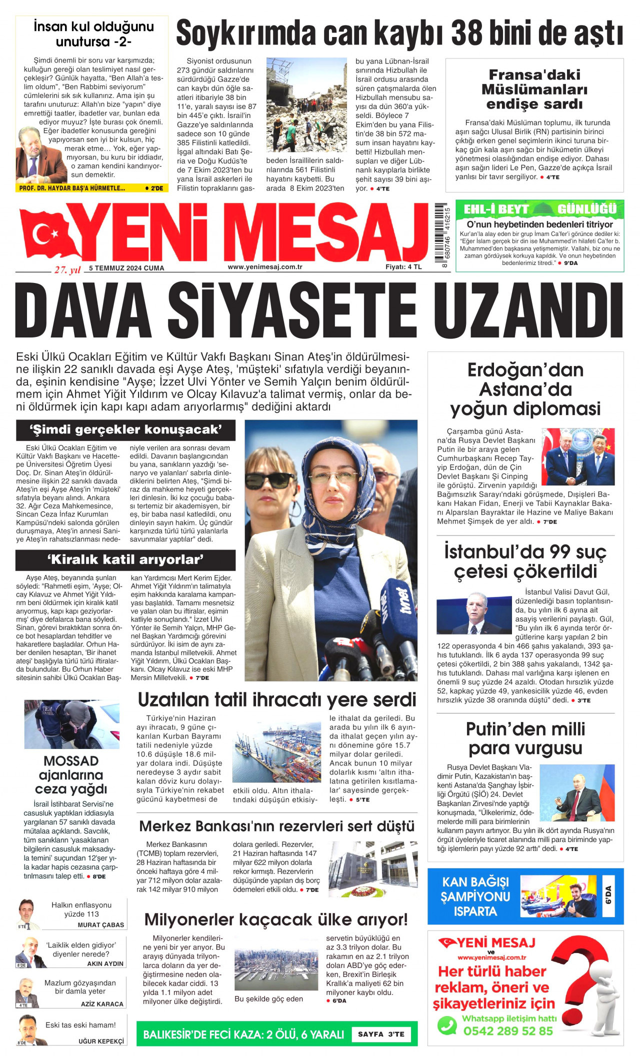 YENİ MESAJ gazetesinin 5 Temmuz 2024 tarihli birinci sayfası