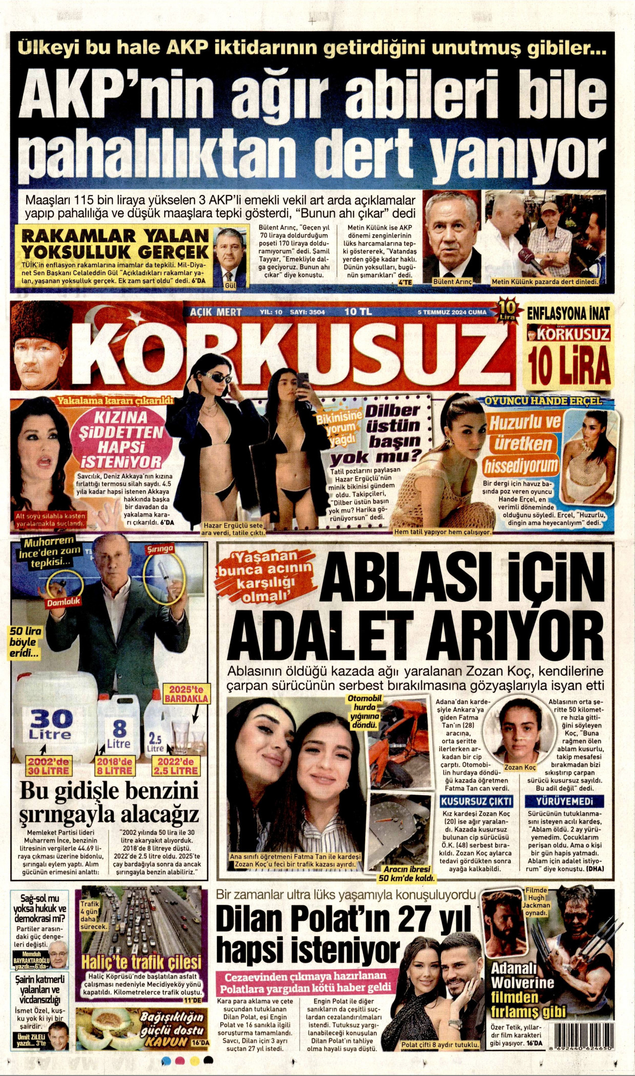 KORKUSUZ gazetesinin 5 Temmuz 2024 tarihli birinci sayfası