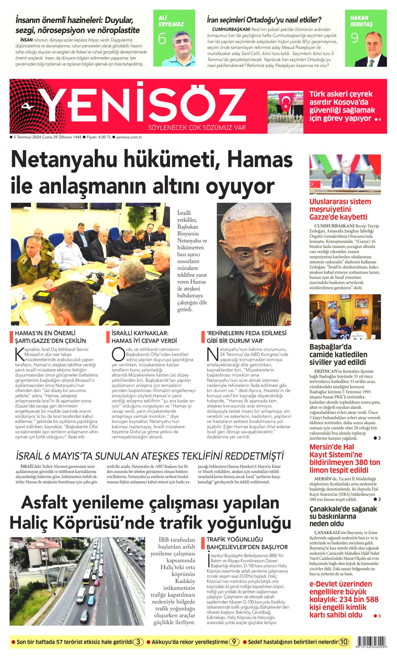 YENİ SÖZ GAZETESİ gazetesinin 5 Temmuz 2024 tarihli birinci sayfası
