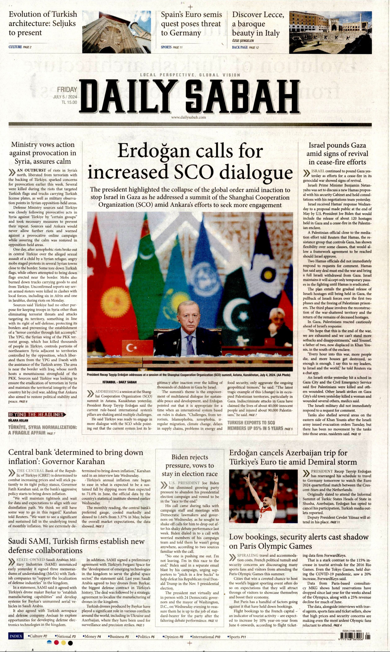 DAİLY SABAH gazetesinin 5 Temmuz 2024 tarihli birinci sayfası