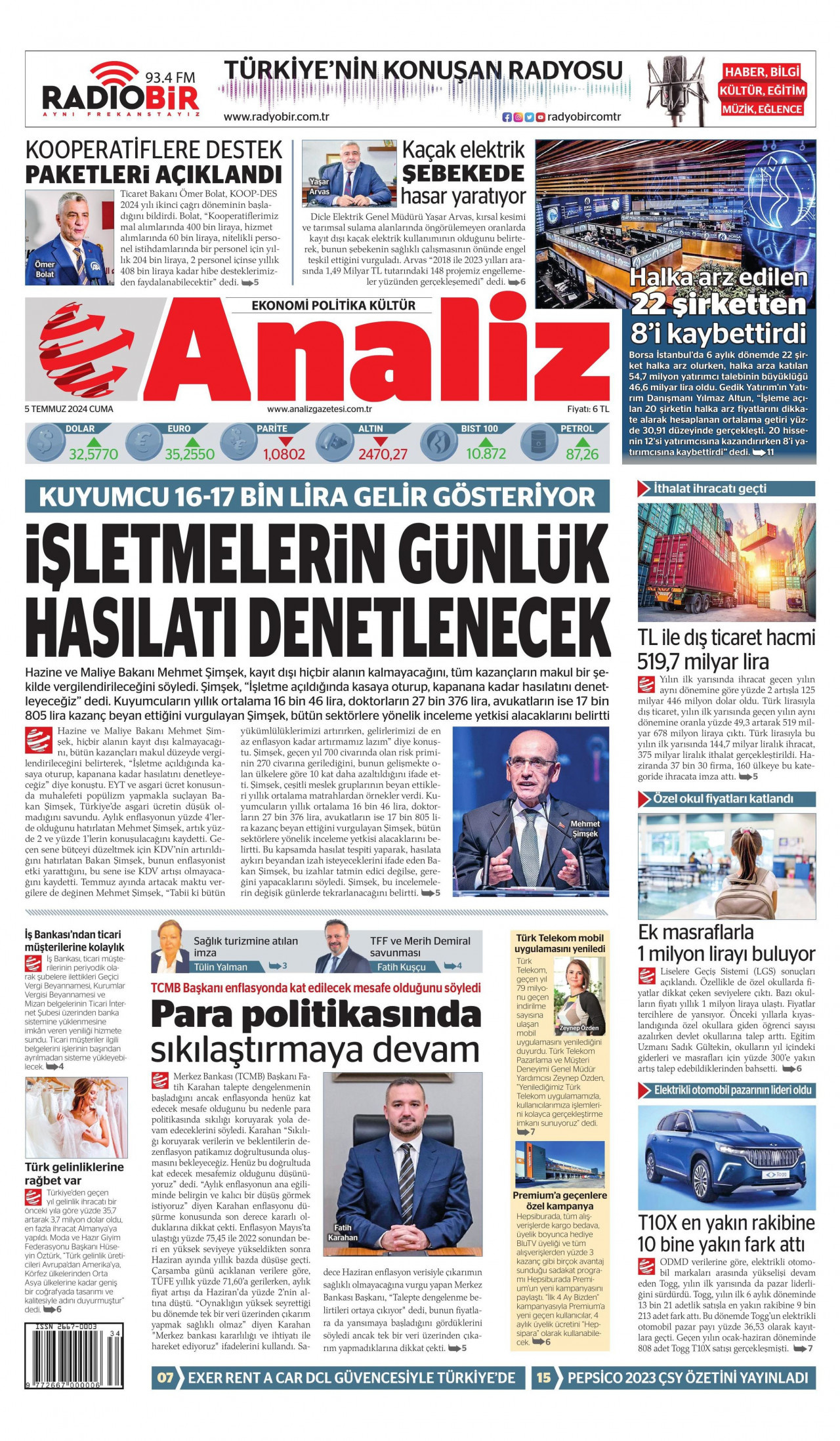 ANALİZ gazetesinin 5 Temmuz 2024 tarihli birinci sayfası