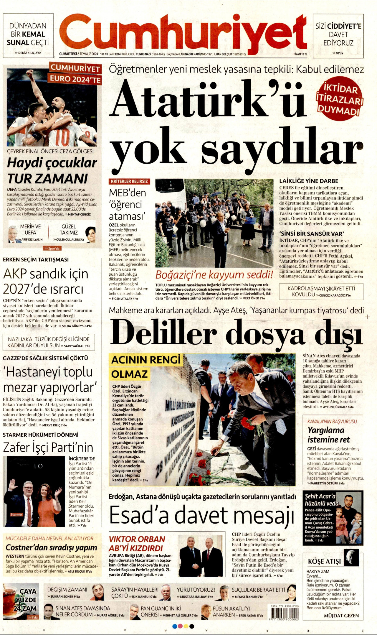 CUMHURİYET gazetesinin 6 Temmuz 2024 tarihli birinci sayfası