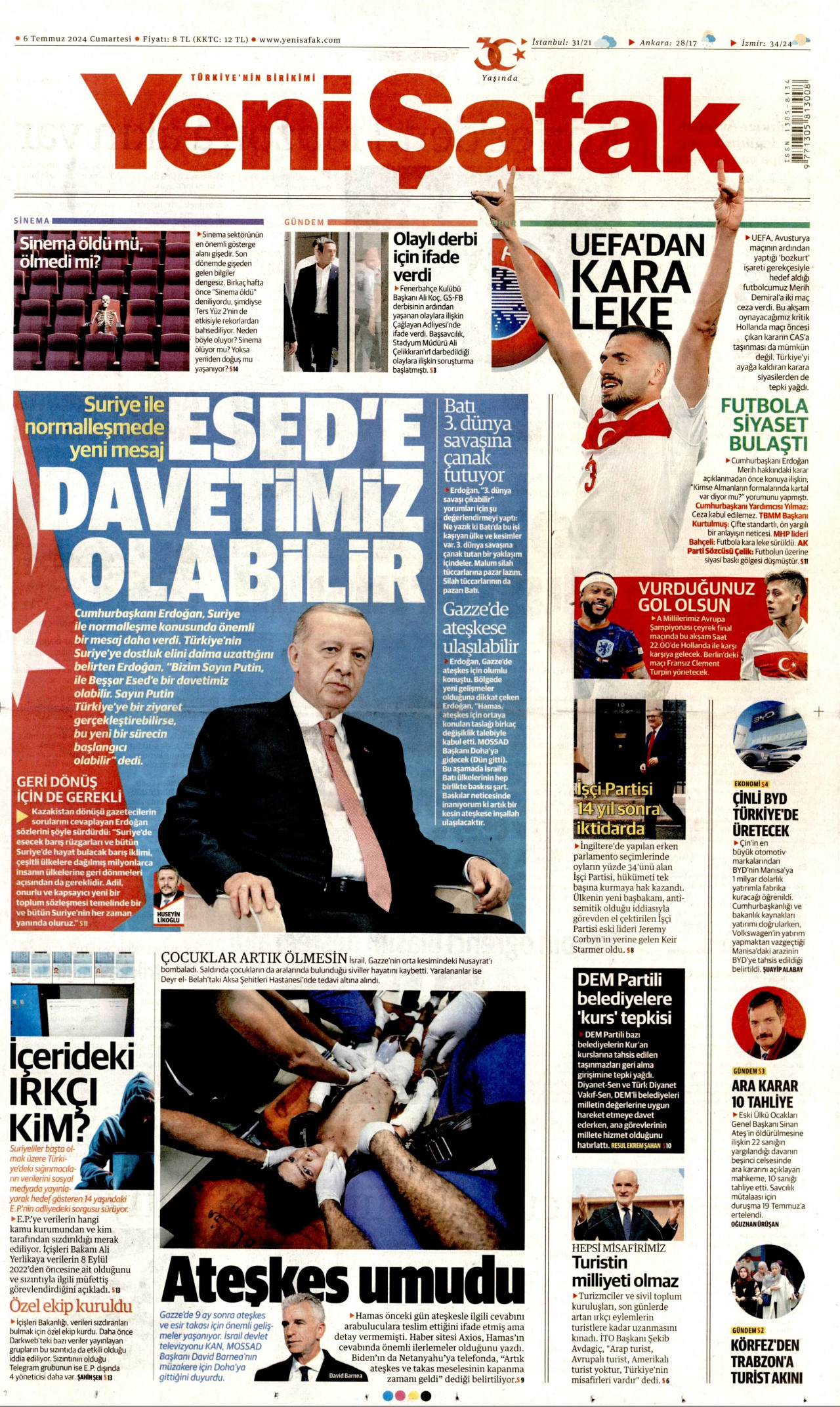 YENİ ŞAFAK gazetesinin 6 Temmuz 2024 tarihli birinci sayfası