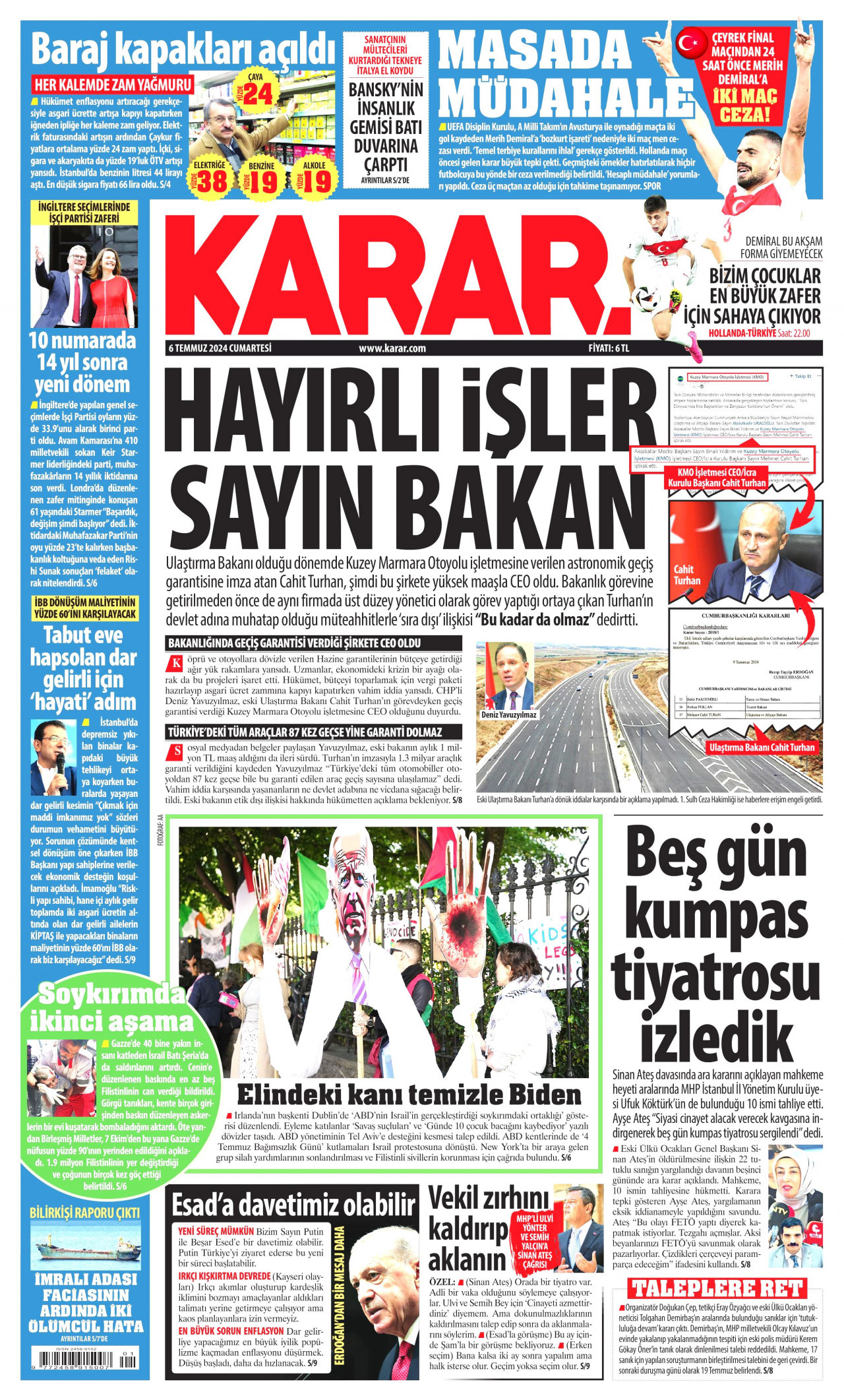 KARAR gazetesinin 6 Temmuz 2024 tarihli birinci sayfası