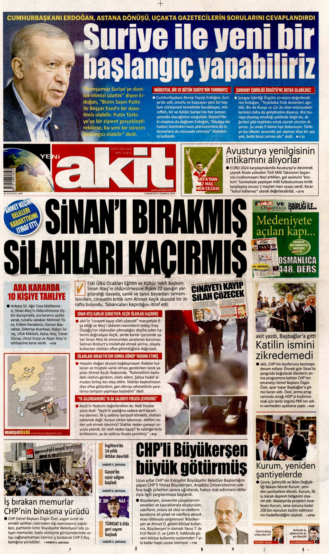 YENİ AKİT gazetesinin 6 Temmuz 2024 tarihli birinci sayfası