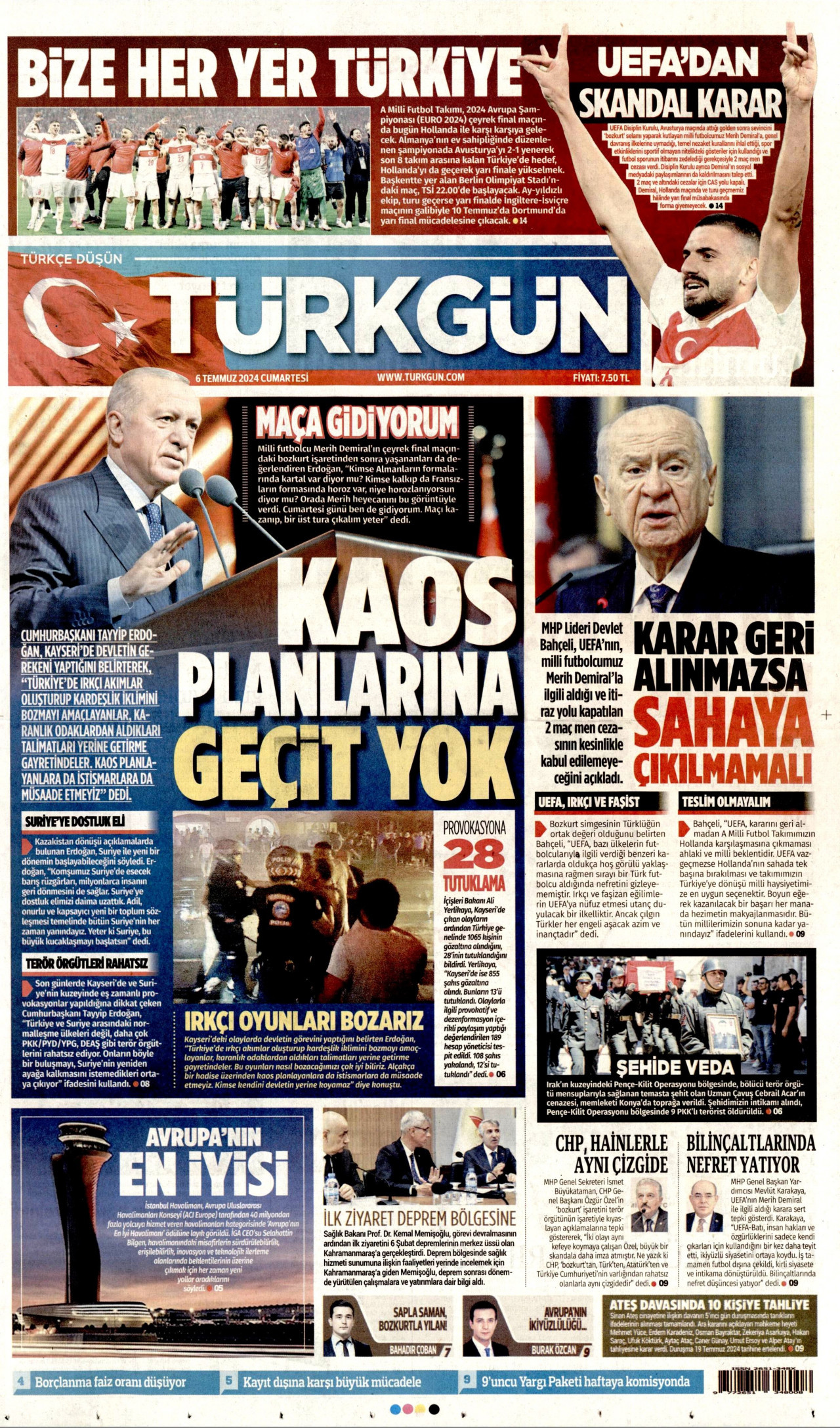 TÜRKGÜN gazetesinin 6 Temmuz 2024 tarihli birinci sayfası