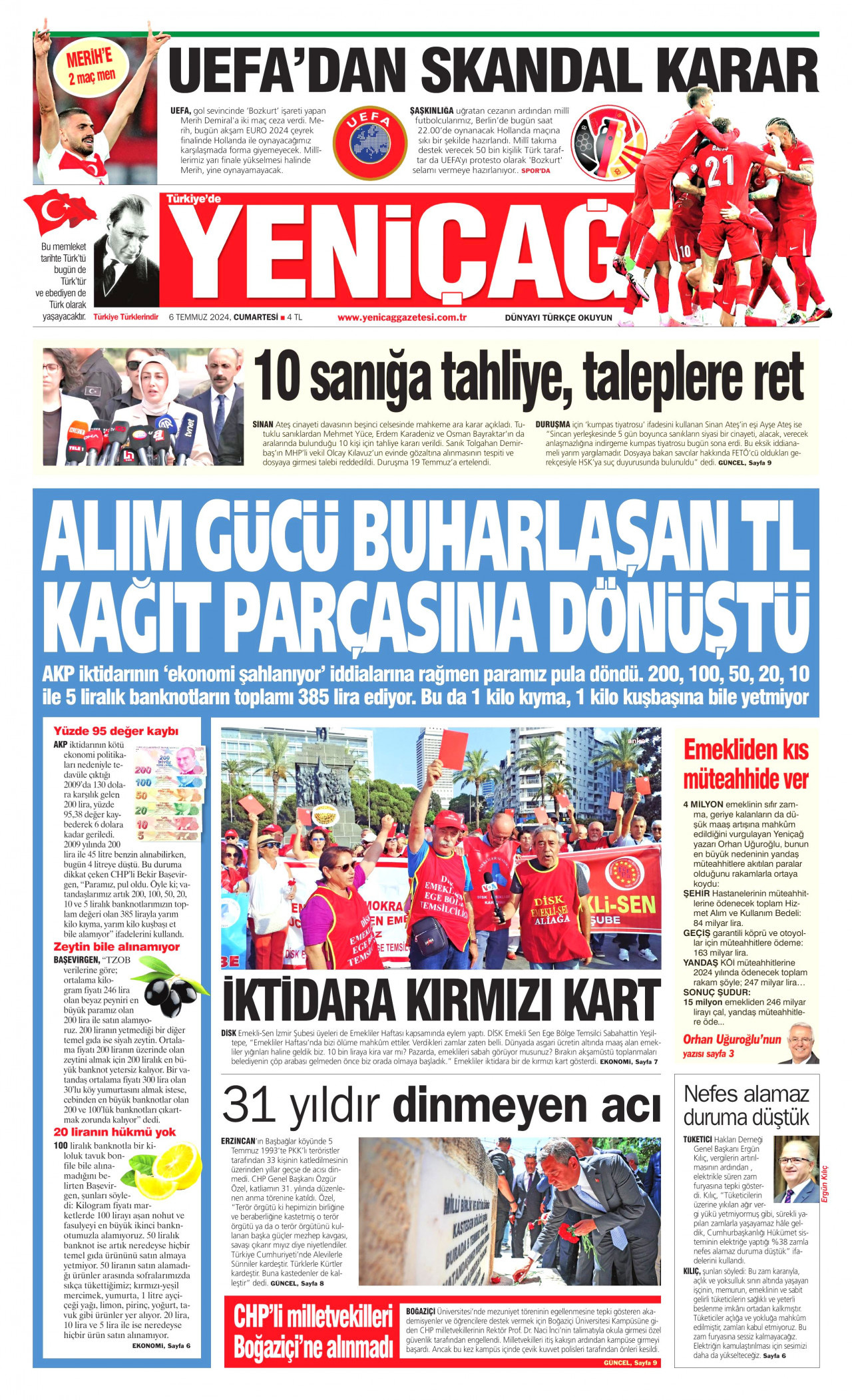 YENİÇAĞ gazetesinin 6 Temmuz 2024 tarihli birinci sayfası