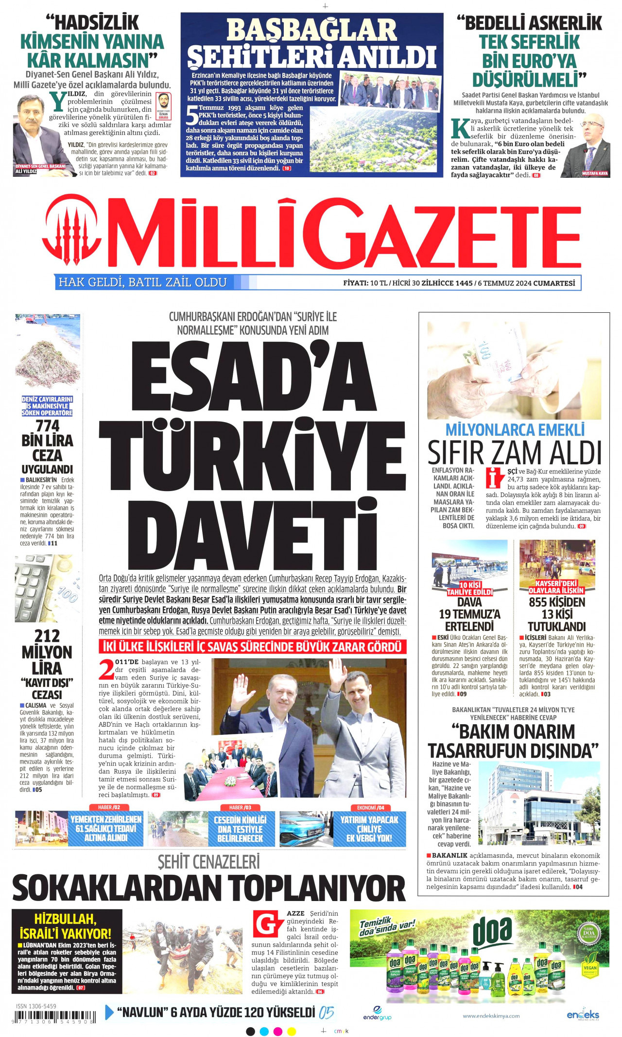 MİLLİ GAZETE gazetesinin 6 Temmuz 2024 tarihli birinci sayfası