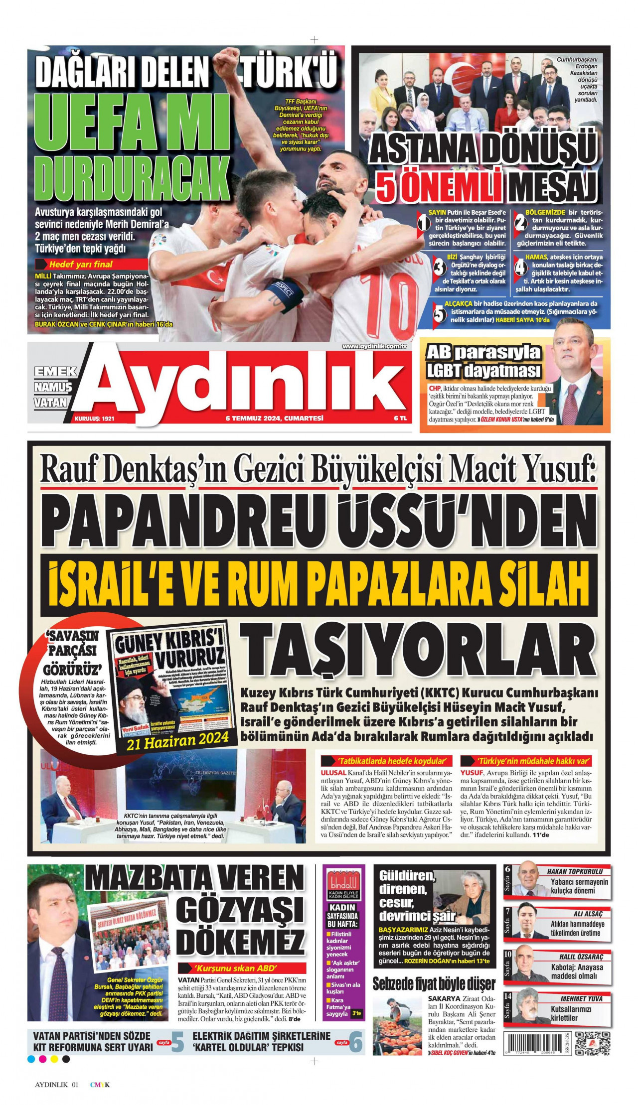 AYDINLIK GAZETESİ gazetesinin 6 Temmuz 2024 tarihli birinci sayfası