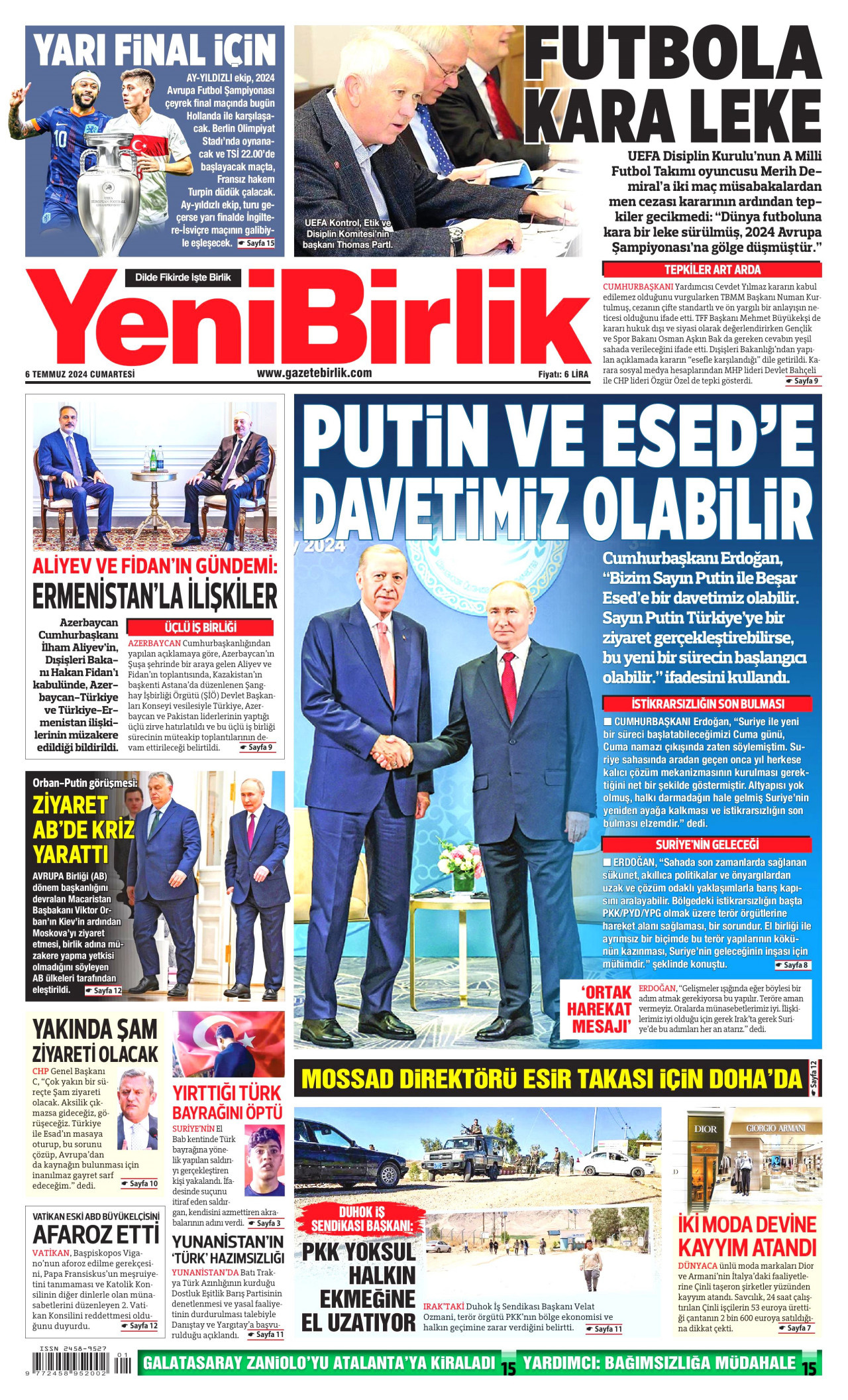YENİBİRLİK gazetesinin 6 Temmuz 2024 tarihli birinci sayfası