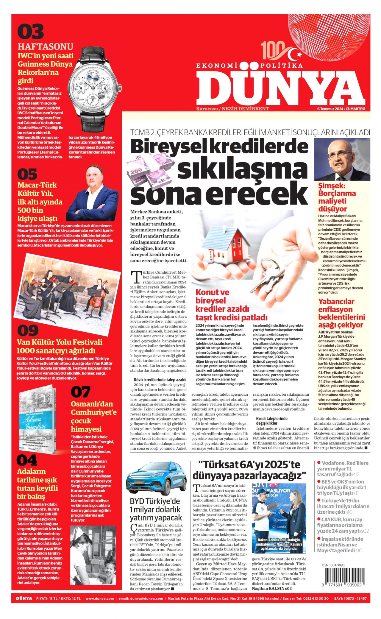 DÜNYA gazetesinin 6 Temmuz 2024 tarihli birinci sayfası