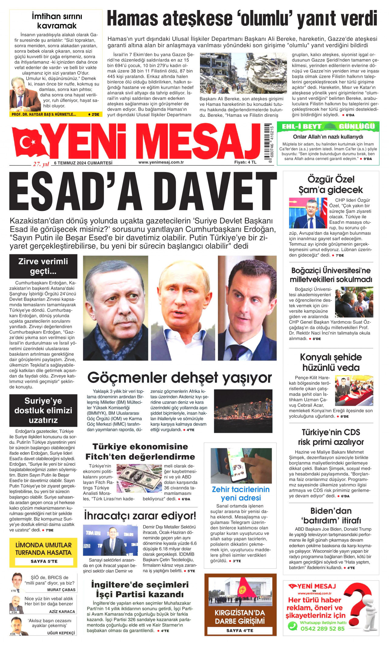 YENİ MESAJ gazetesinin 6 Temmuz 2024 tarihli birinci sayfası