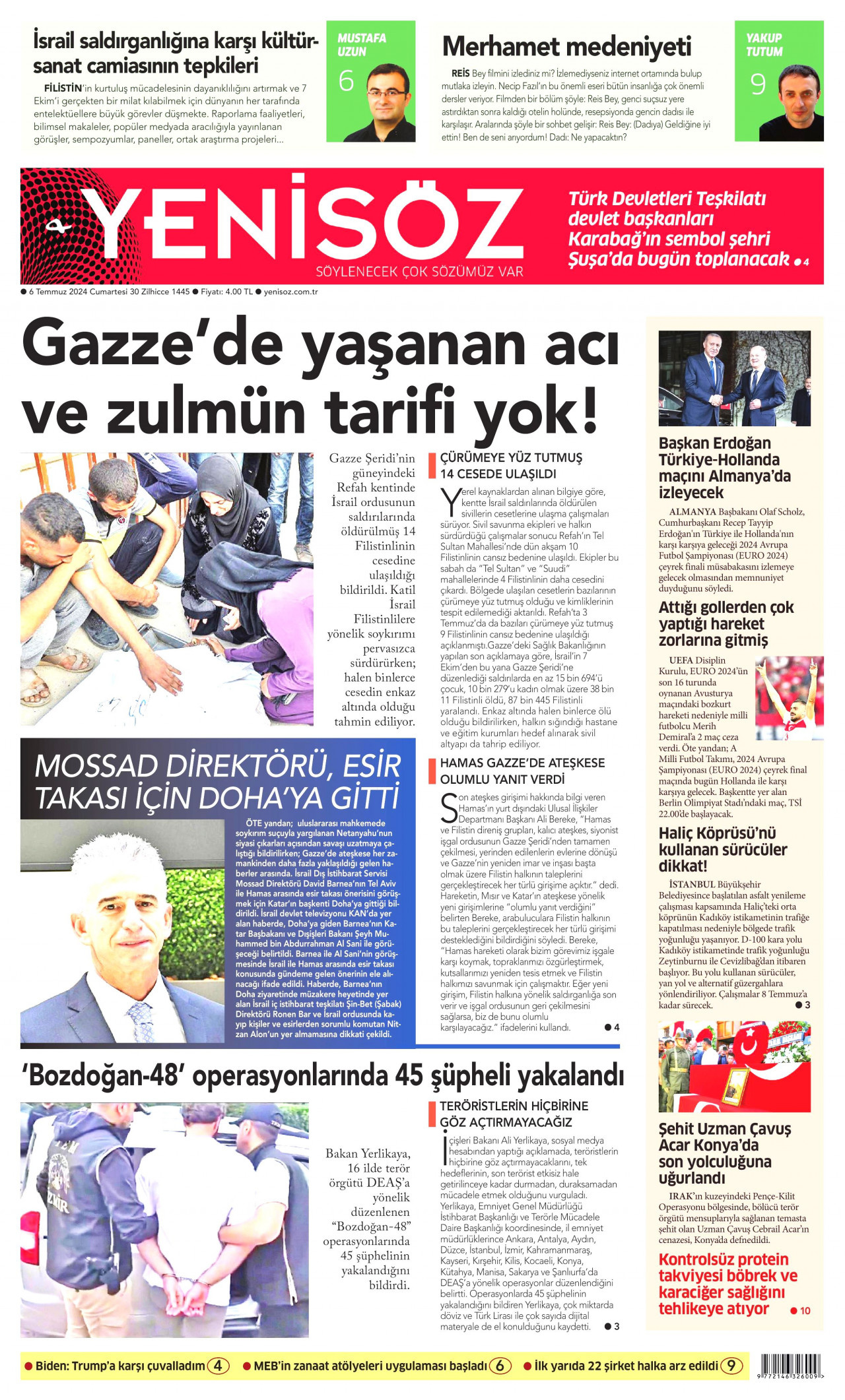 YENİ SÖZ GAZETESİ gazetesinin 6 Temmuz 2024 tarihli birinci sayfası